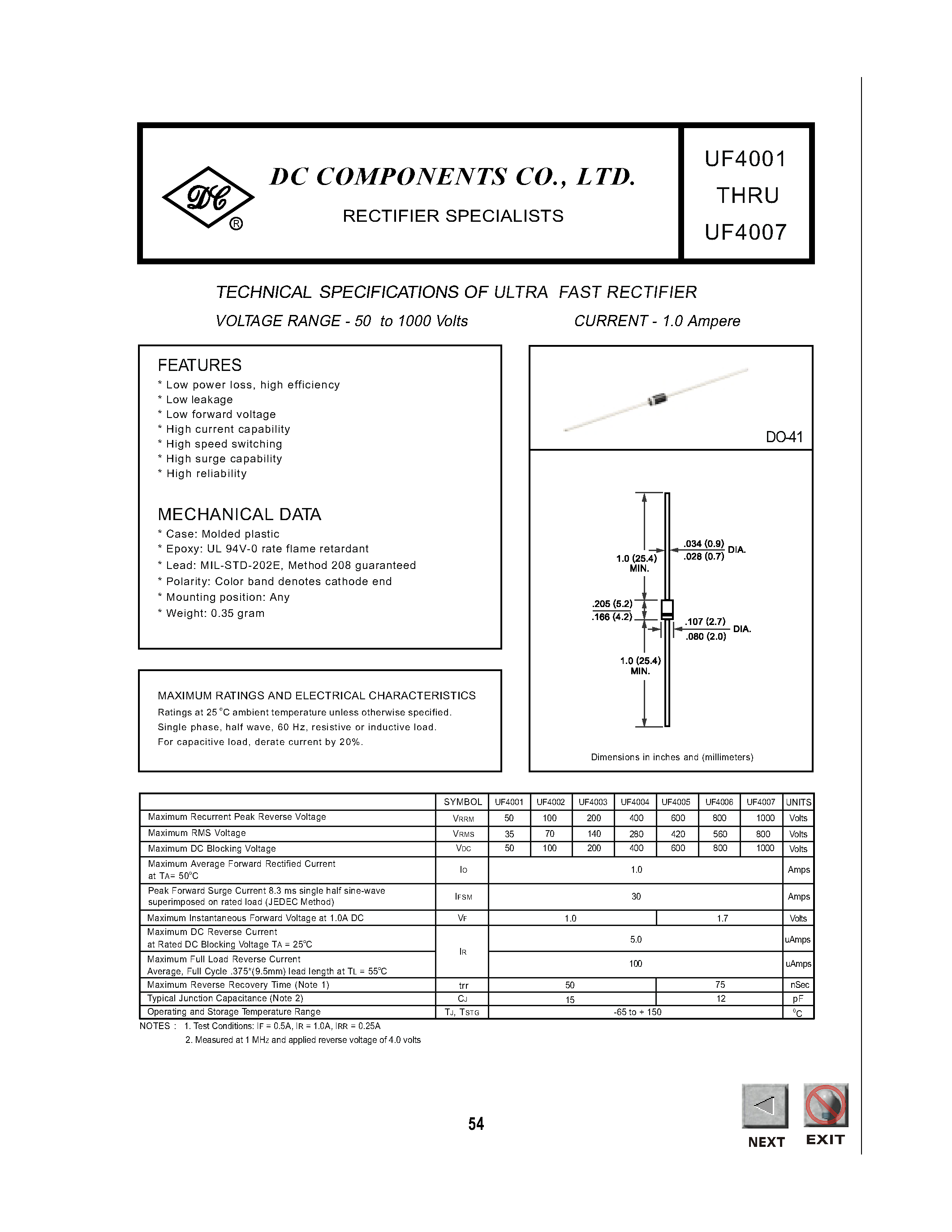 Datasheet UF4004 - TECHNICAL SPECIFICATIONS OF ULTRA FAST RECTIFIER page 1