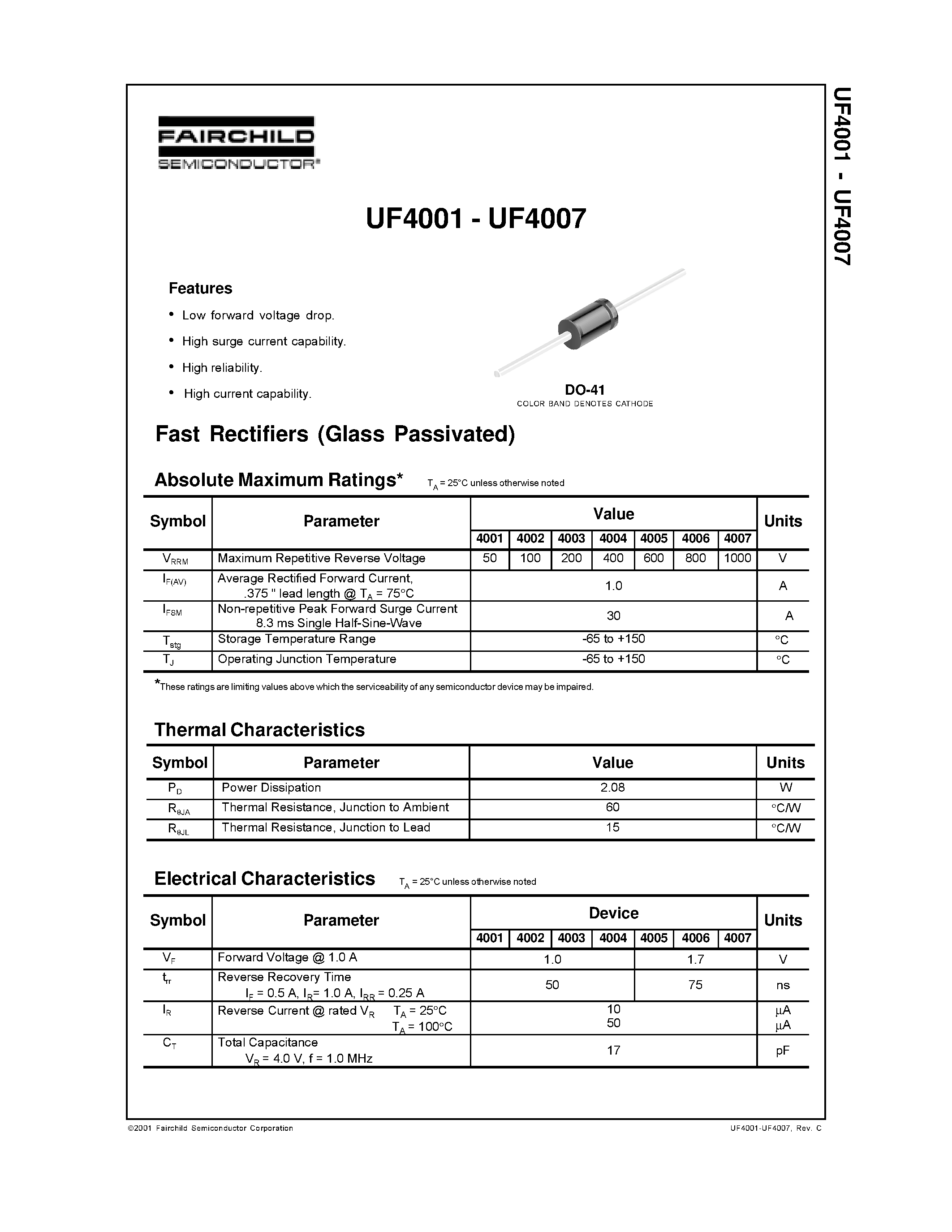 Datasheet UF4004 - Fast Rectifiers (Glass Passivated) page 1