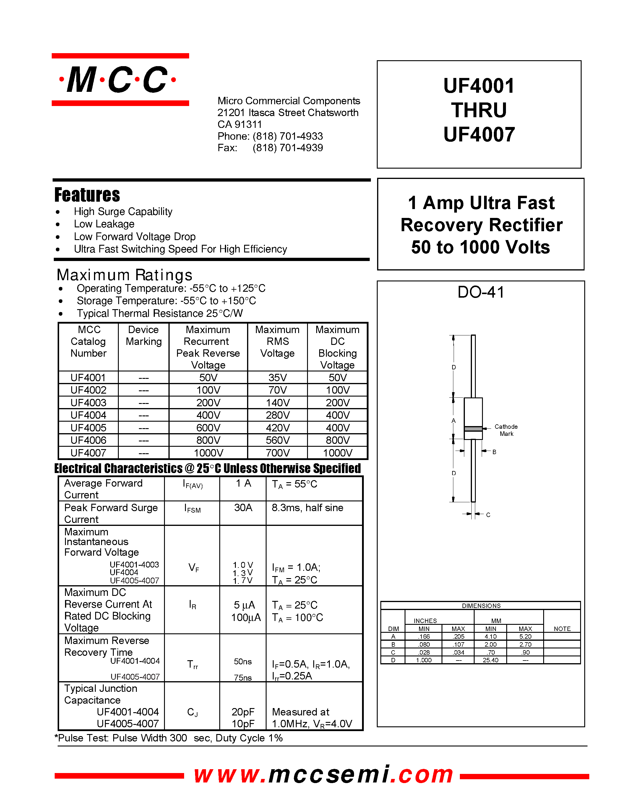 Datasheet UF4004 - 1 Amp Ultra Fast Recovery Rectifier 50 to 1000 Volts page 1