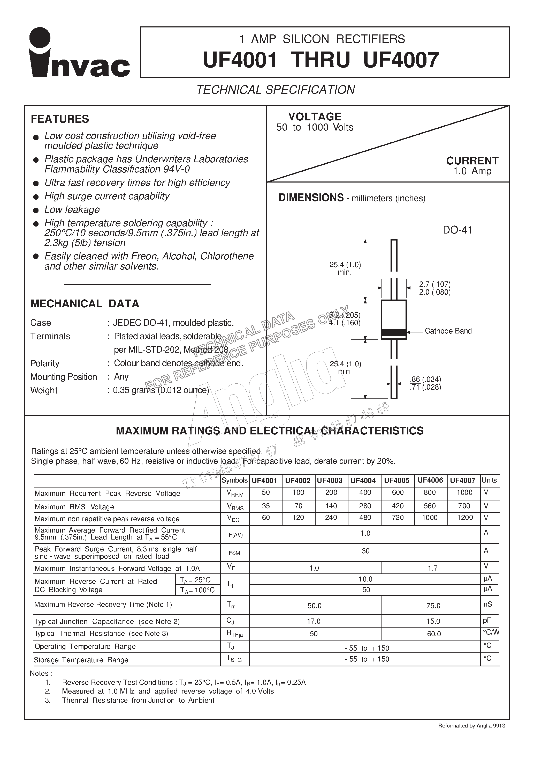 Datasheet UF4004 - 400 V/ 1 A silicon rectifier page 1