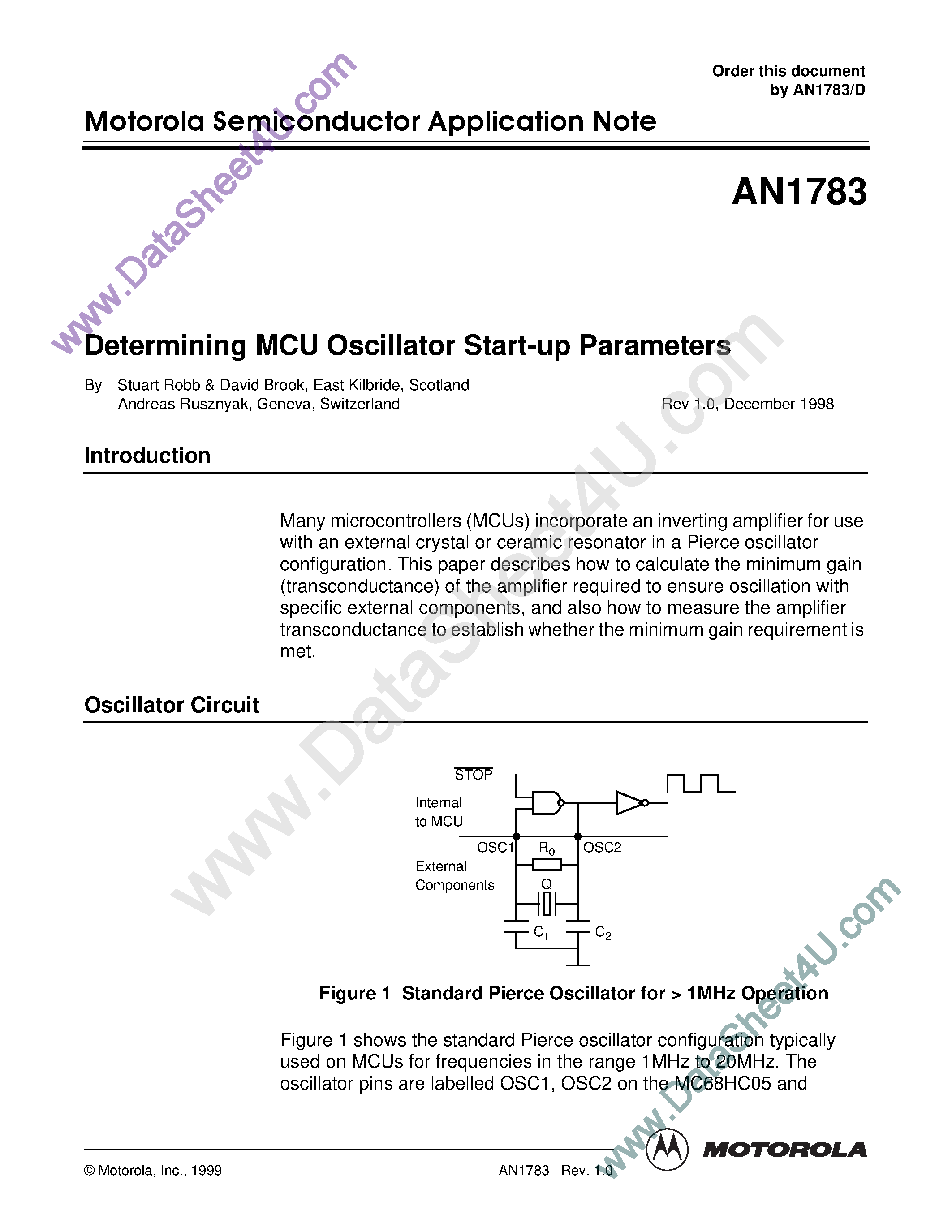 Datasheet AN1783 - Determining MCU Oscillator Start-Up Parameters page 1