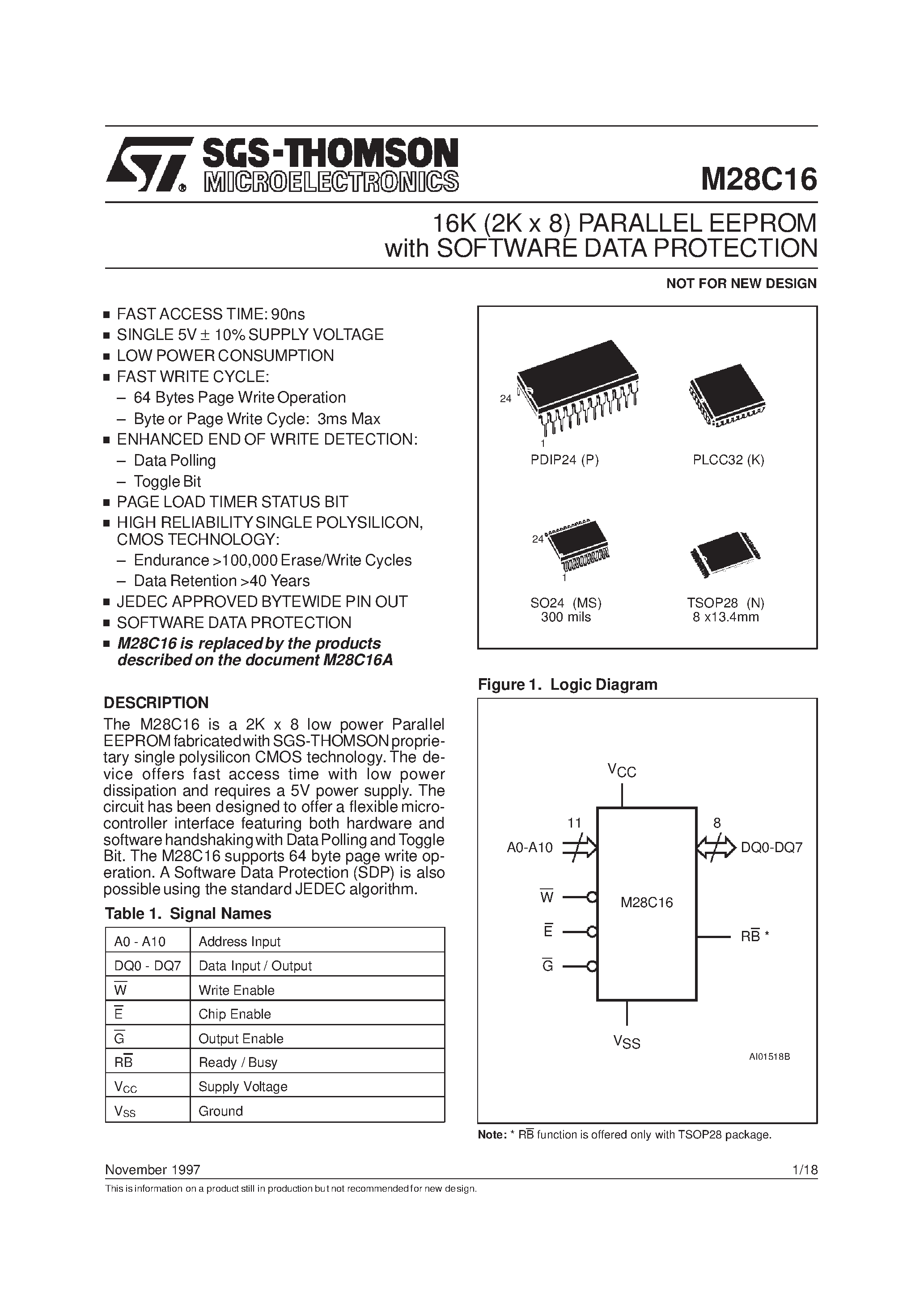 Datasheet M28C16-150N1T - 16K 2K x 8 PARALLEL EEPROM with SOFTWARE DATA PROTECTION page 1