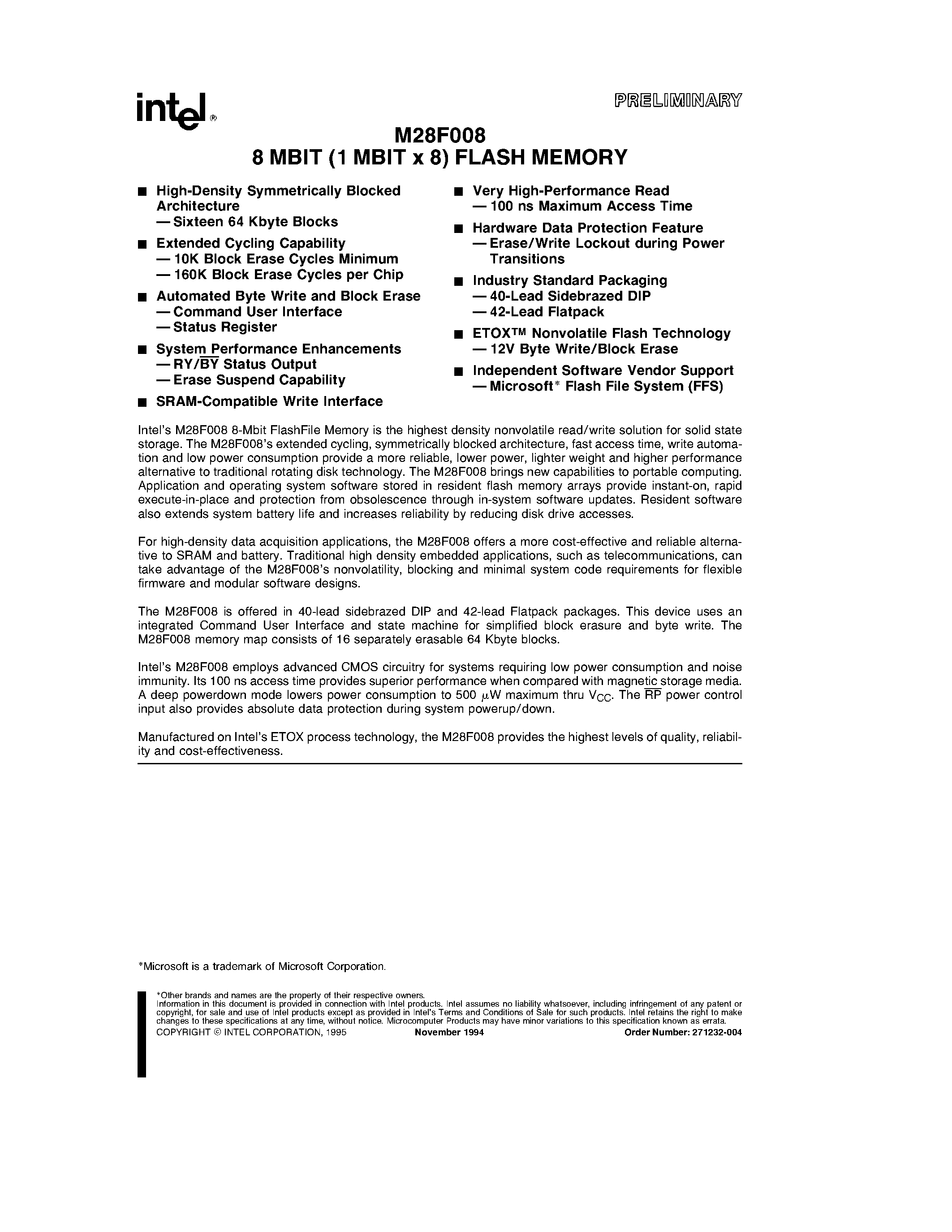 Datasheet M28F008 - 8 MBIT (1 MBIT x 8) FLASH MEMORY page 1