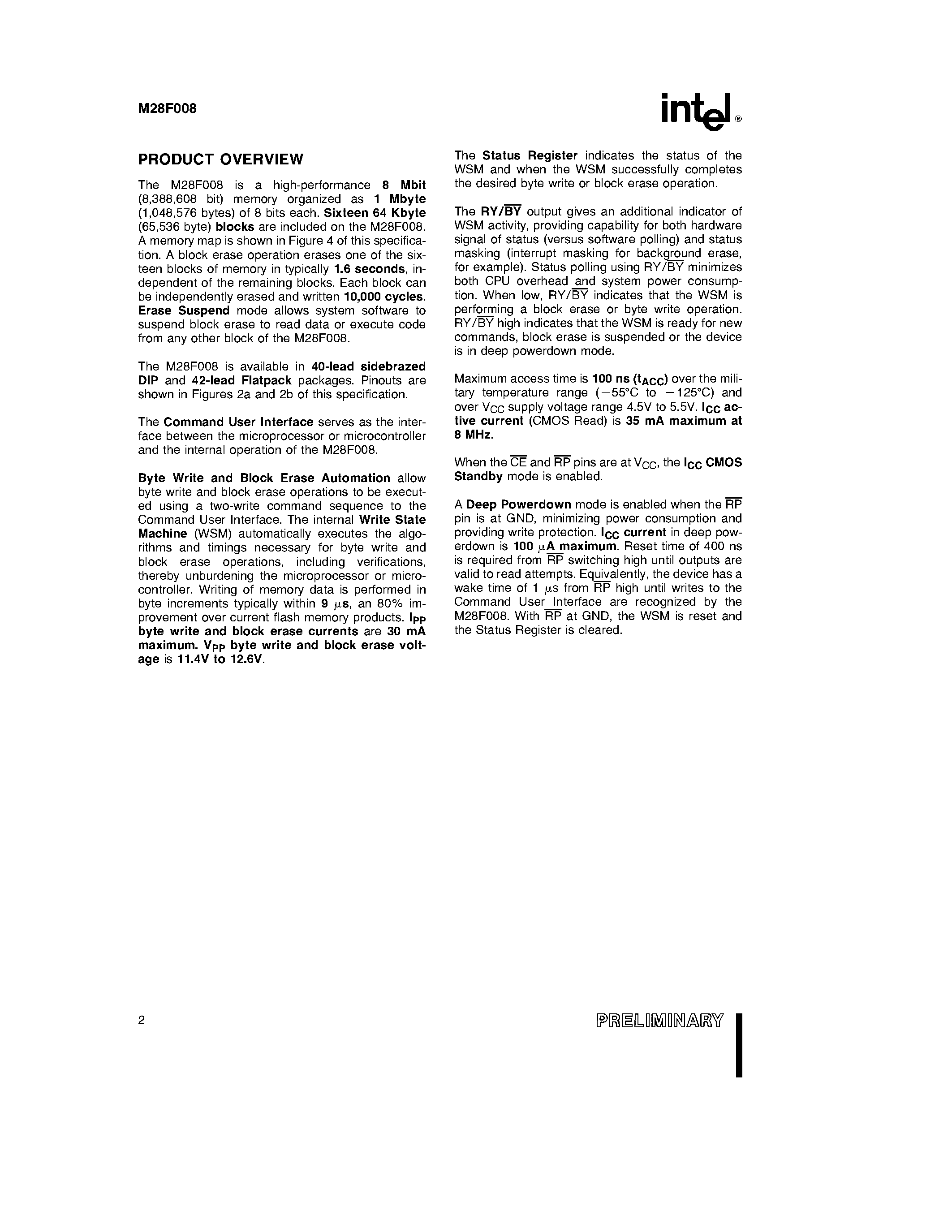 Datasheet M28F008 - 8 MBIT (1 MBIT x 8) FLASH MEMORY page 2
