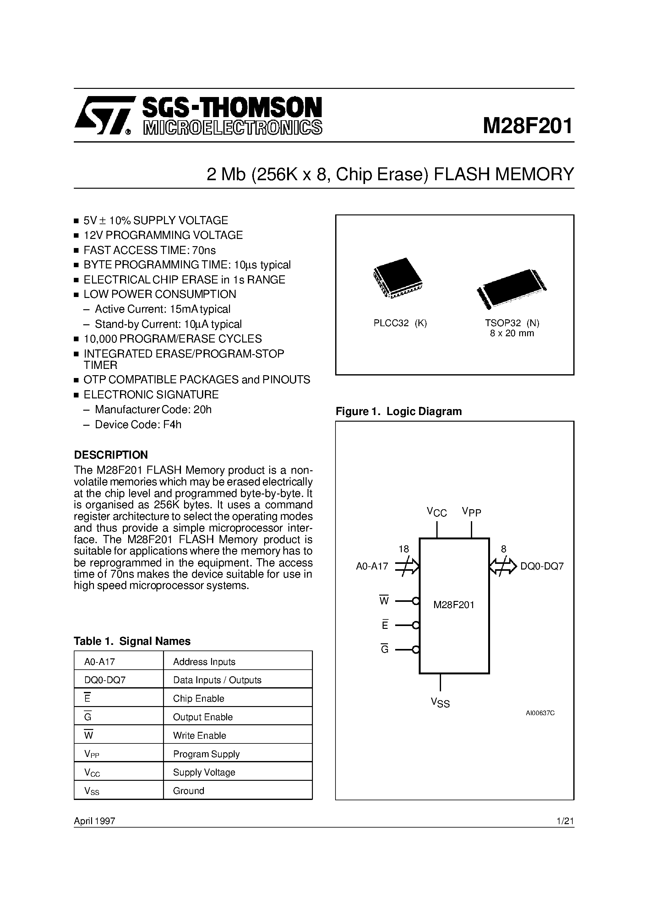 Datasheet M28F201-150N1TR - 2 Mb 256K x 8/ Chip Erase FLASH MEMORY page 1