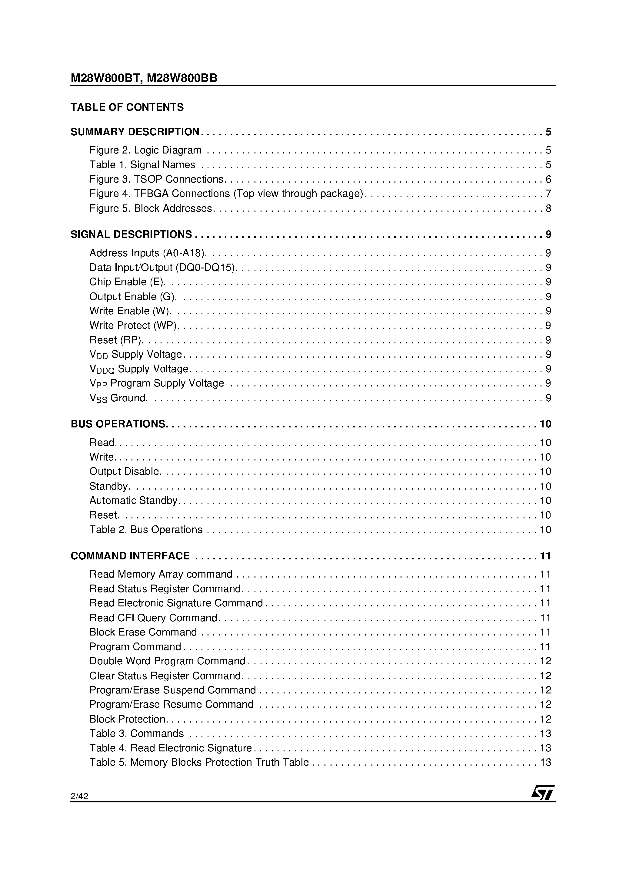 Datasheet M28W800BB10N1T - 8 Mbit 512Kb x16/ Boot Block 3V Supply Flash Memory page 2