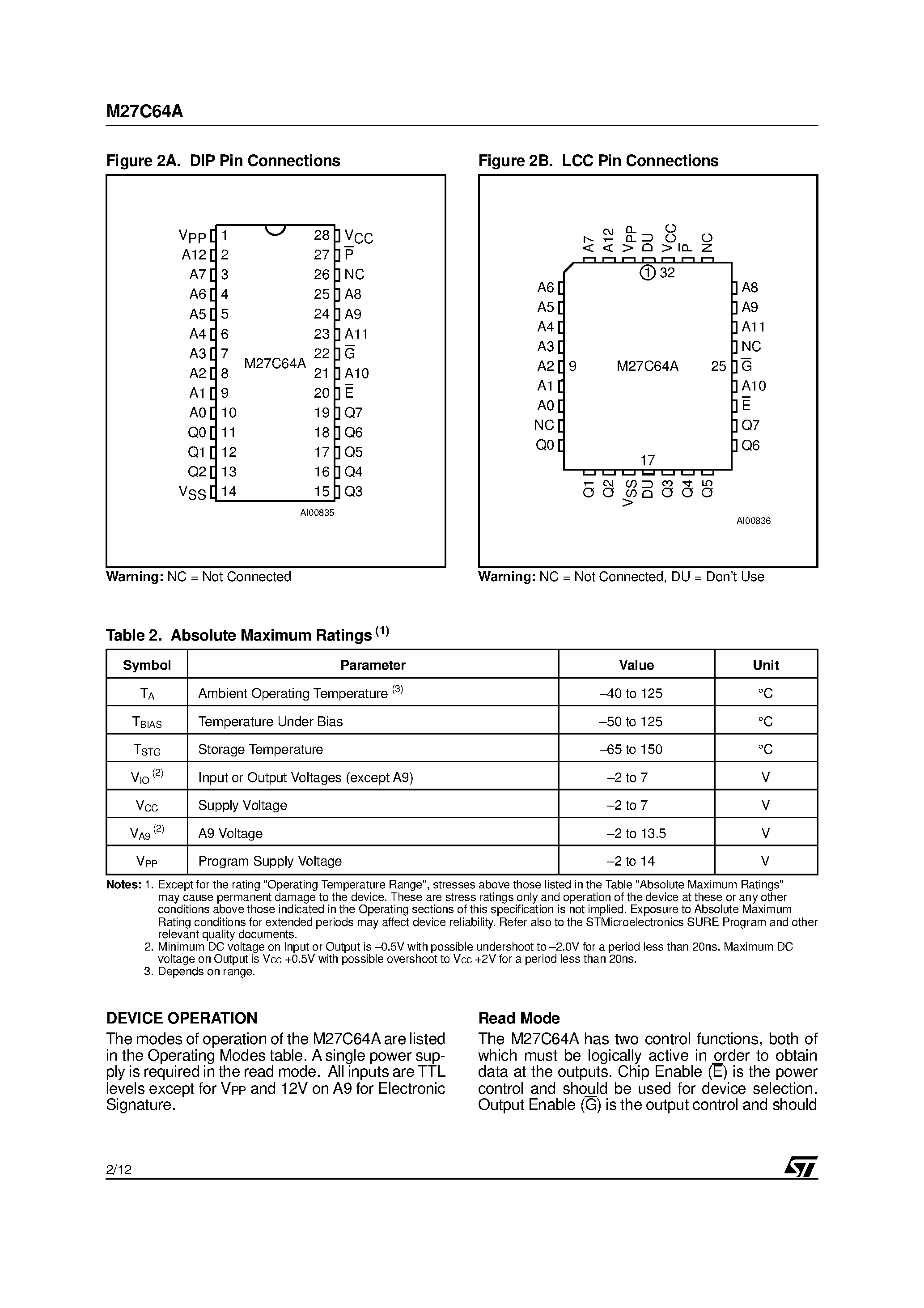 Datasheet M27C64A - 64K (8K x 8) UV EPROM and OTP ROM page 2