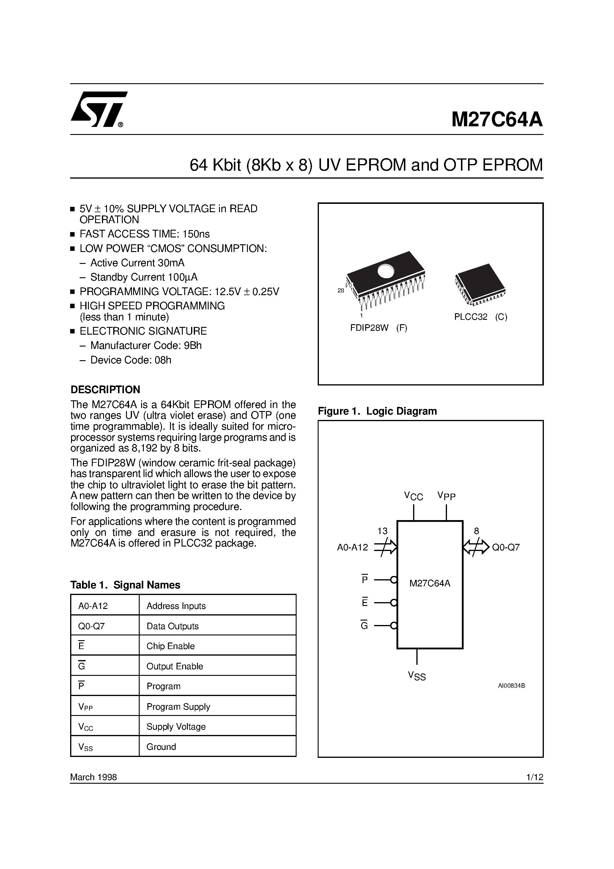 Datasheet M27C64A-20F6TR page 1 Datasheet M27C64A-20F6TR - 64K (8K x 8) UV EPROM and OTP ROM page 1