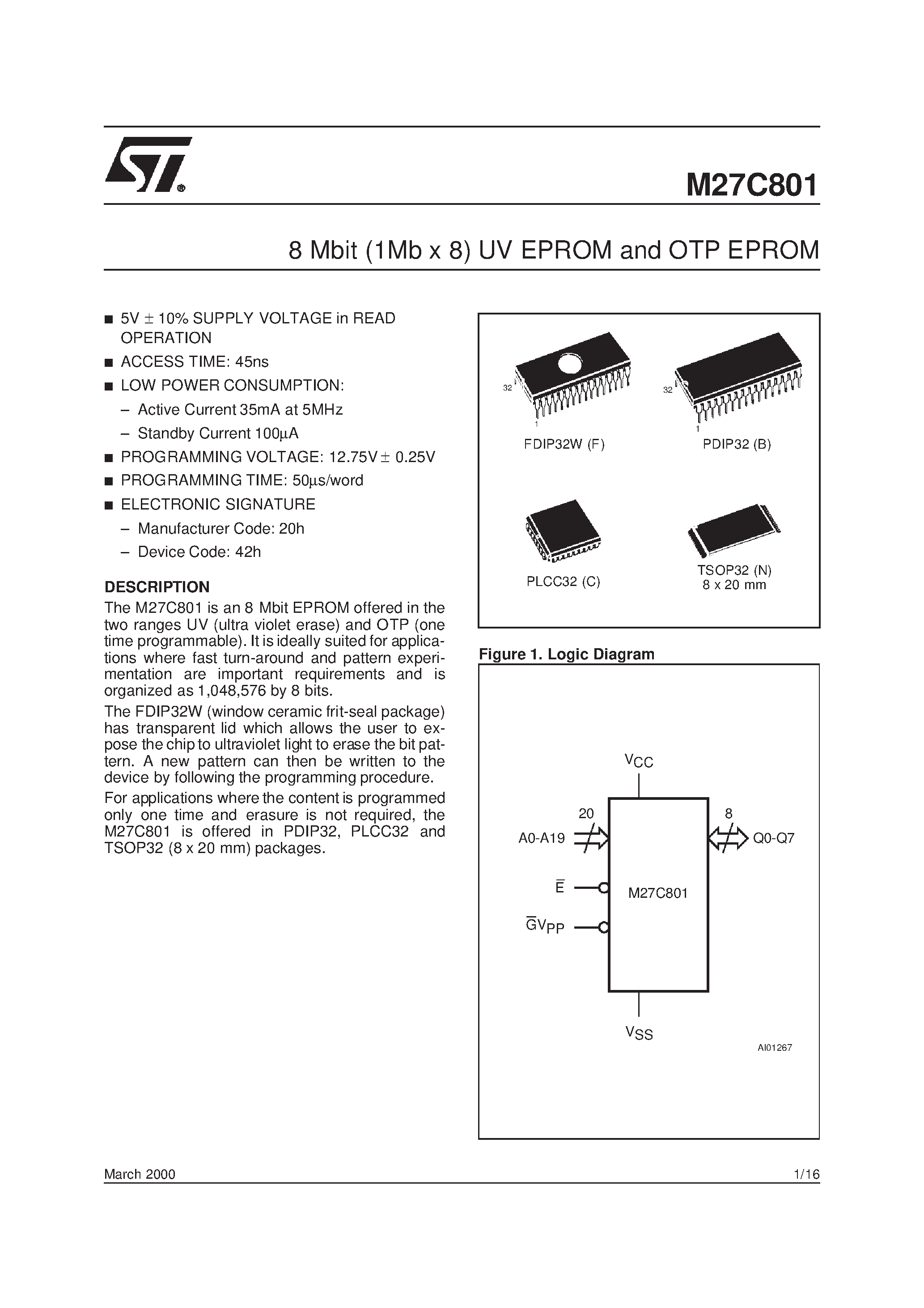 Datasheet M27C801-80F6X - 8 Mbit 1Mb x 8 UV EPROM and OTP EPROM page 1
