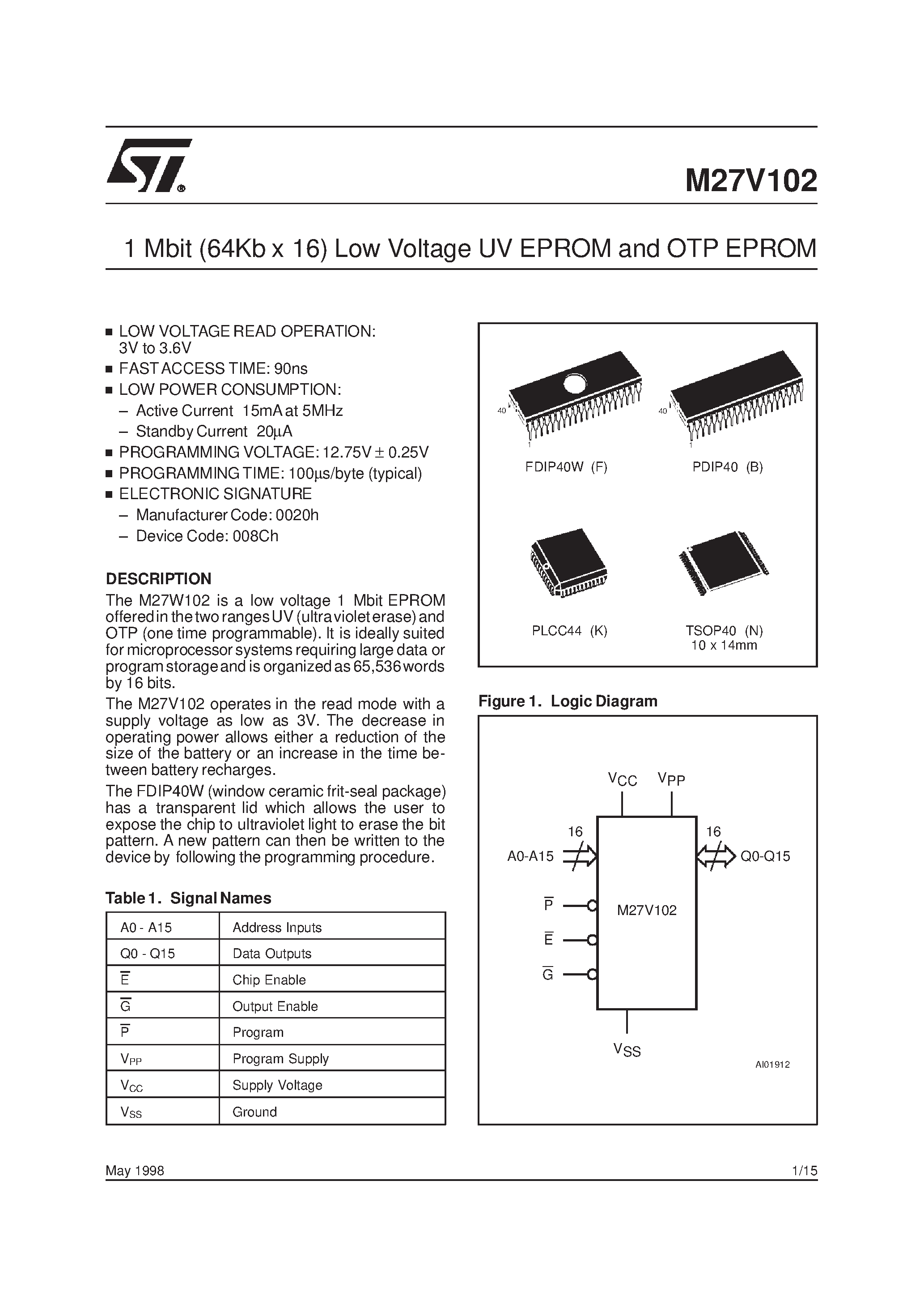 Datasheet M27V102-200K6TR - 1 Mbit 64Kb x 16 Low Voltage UV EPROM and OTP EPROM page 1