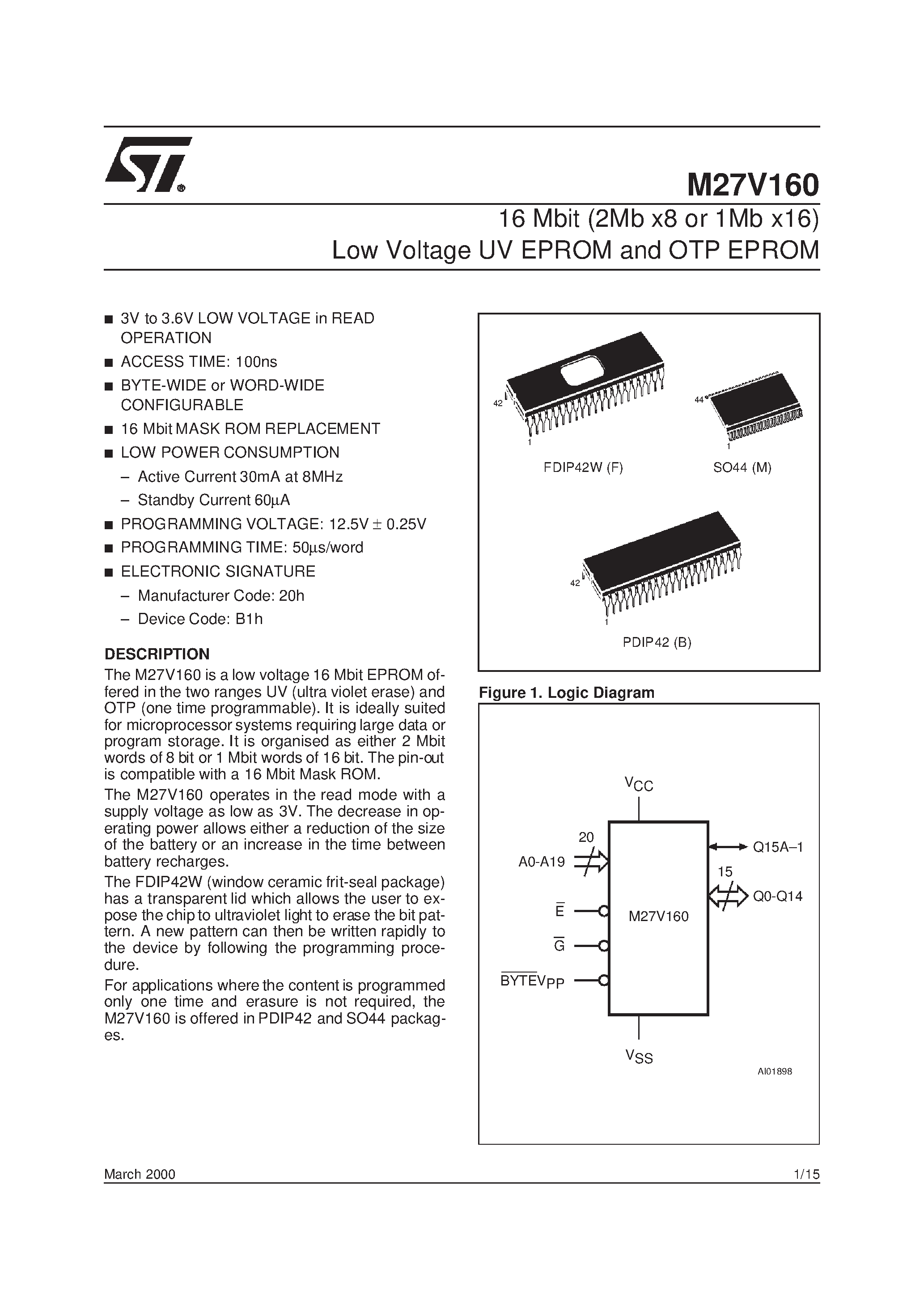 Datasheet M27V160-150XM1TR - 16 Mbit 2Mb x8 or 1Mb x16 Low Voltage UV EPROM and OTP EPROM page 1