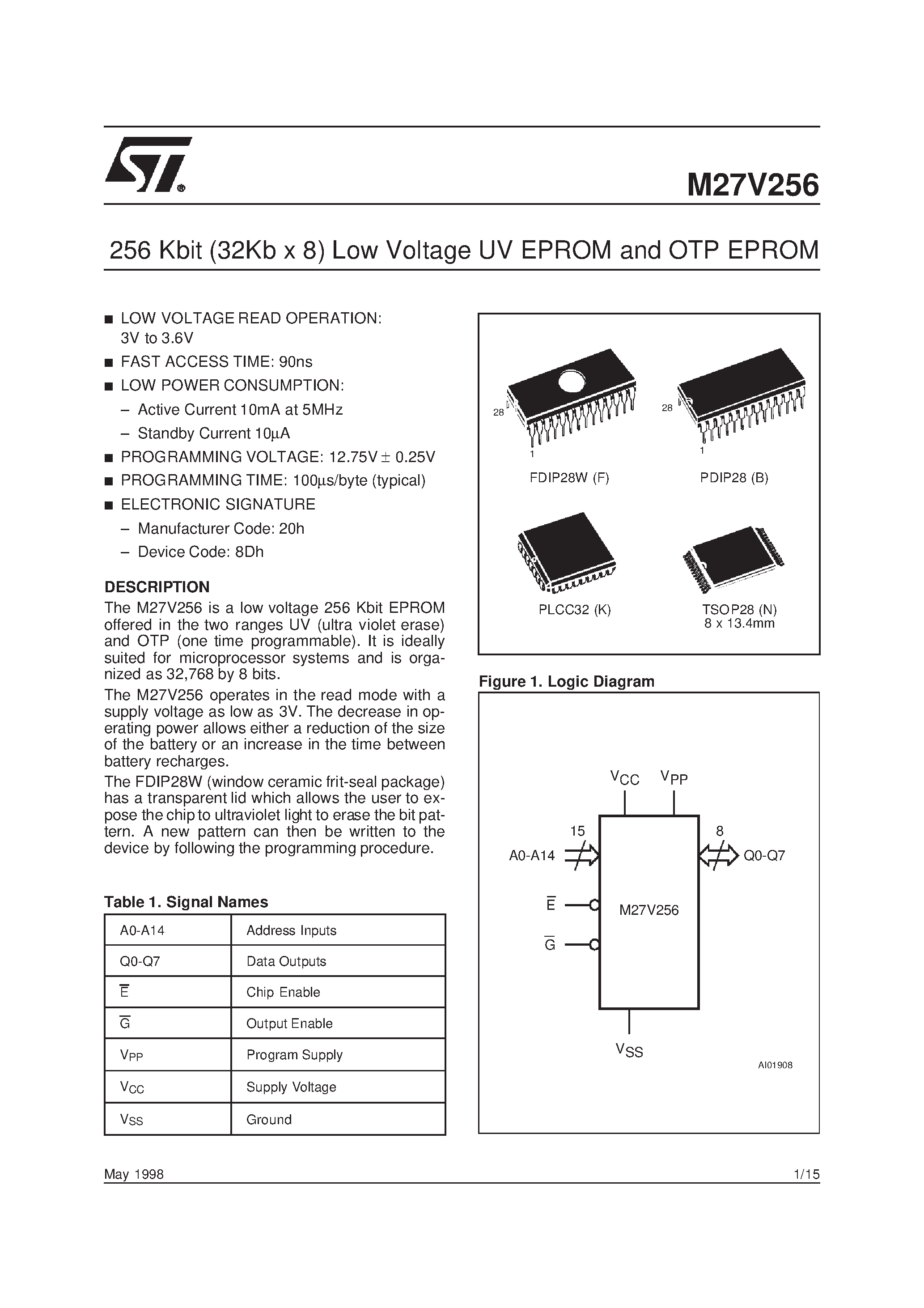 Datasheet M27V256-120K1TR - 256 Kbit 32Kb x 8 Low Voltage UV EPROM and OTP EPROM page 1