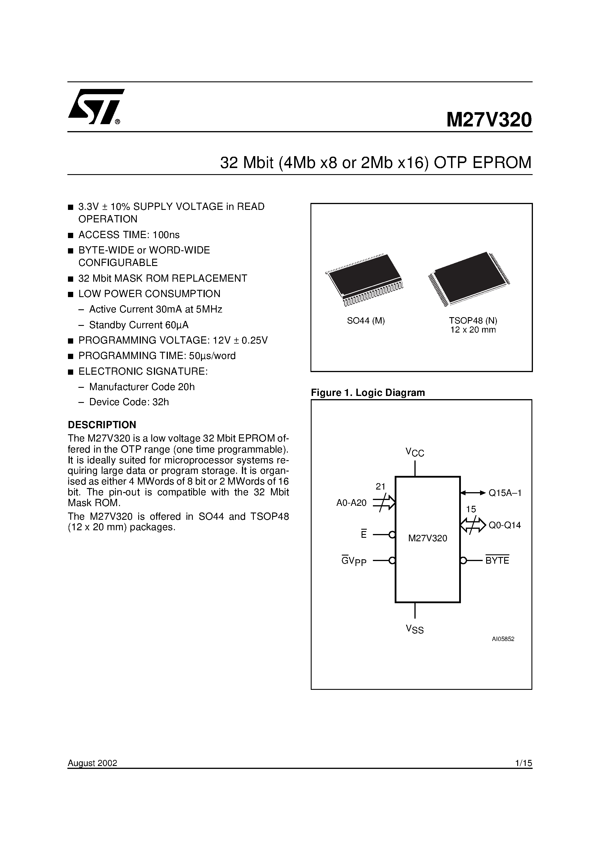 Datasheet M27V320-100N6 page 1 Datasheet M27V320-100N6 - 32 Mbit 4Mb x8 or 2Mb x16 OTP EPROM page 1