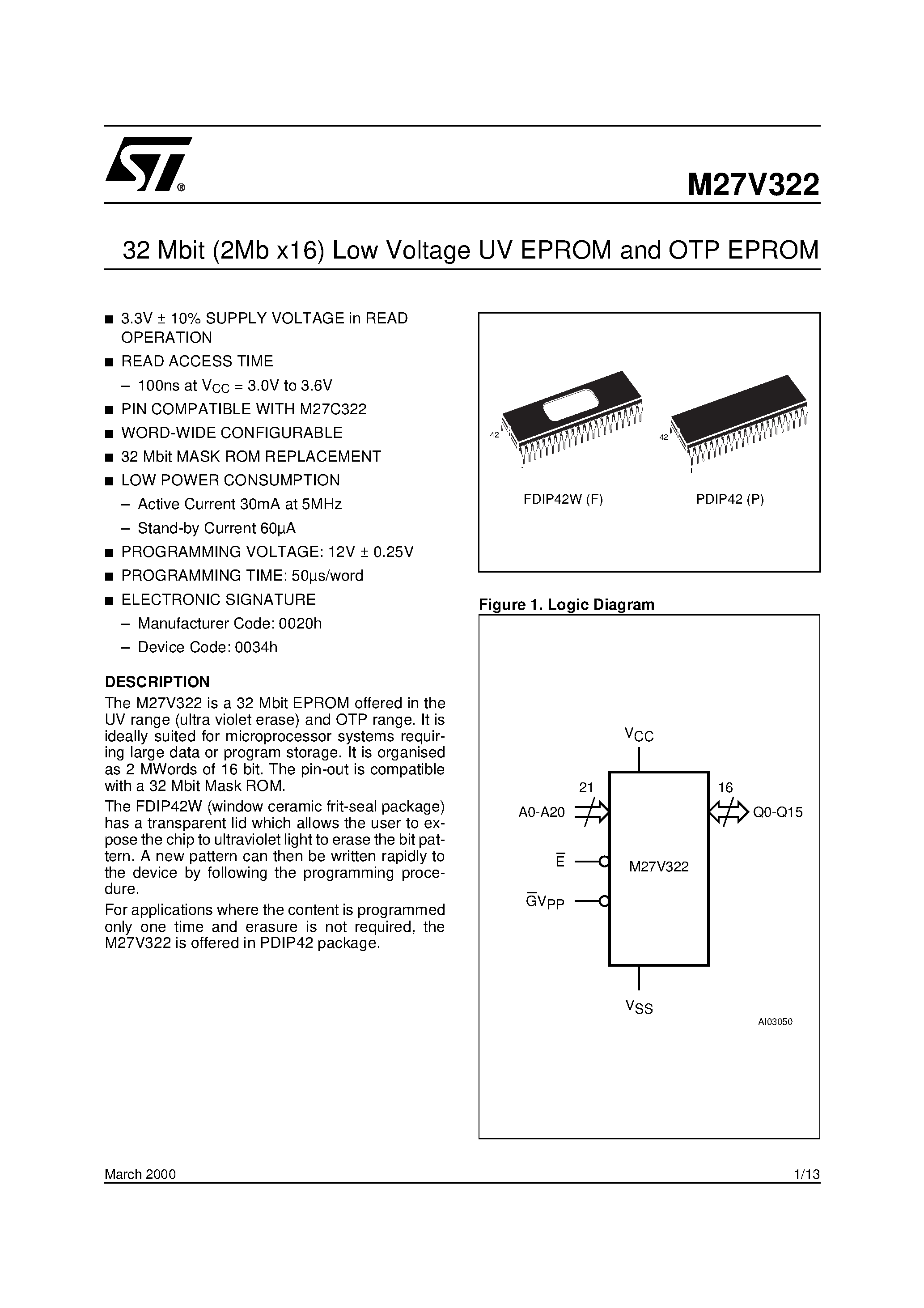 Datasheet M27V322-120P1 - 32 Mbit 2Mb x16 Low Voltage UV EPROM and OTP EPROM page 1