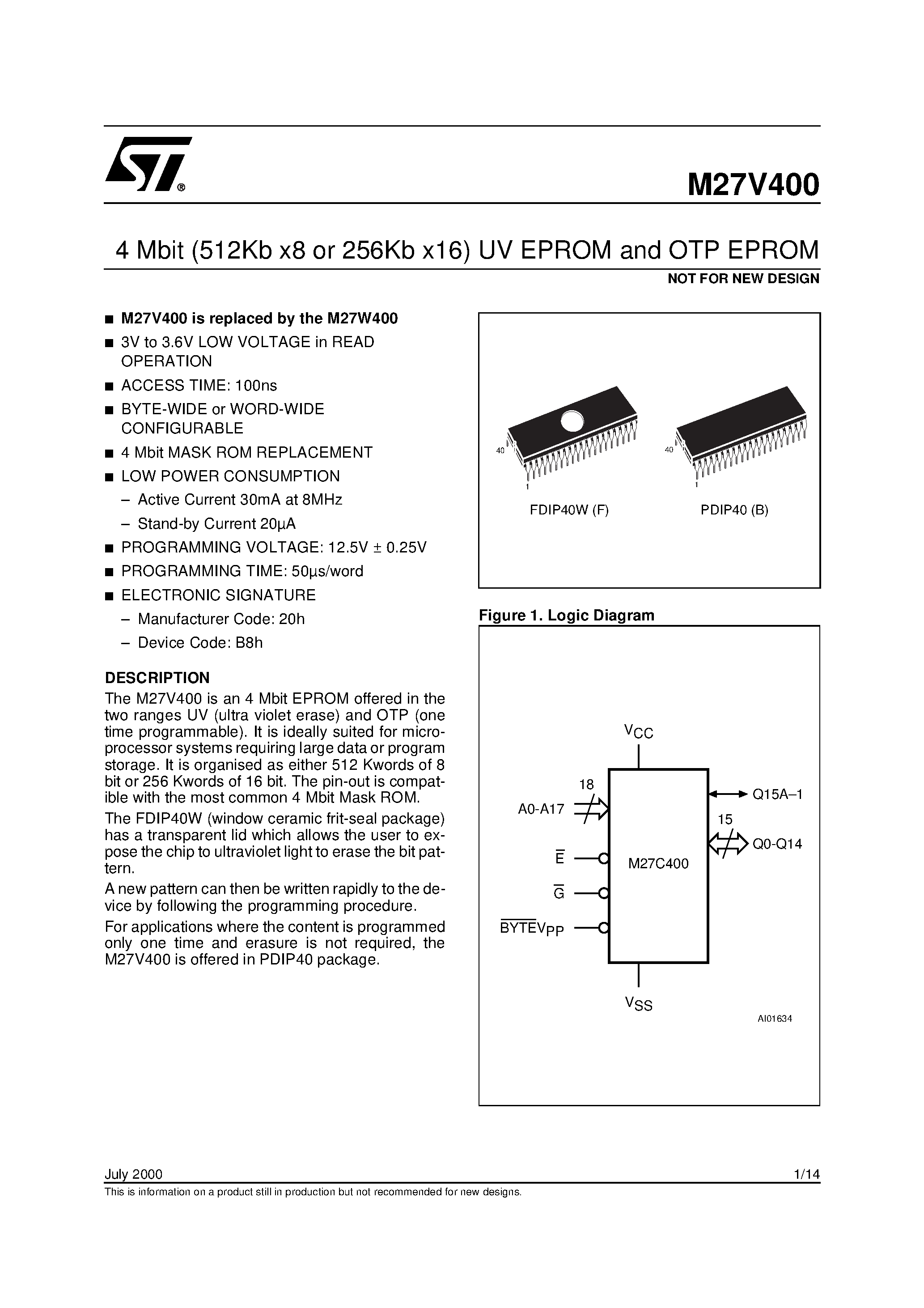 Datasheet M27V400-100XB6TR - 4 Mbit 512Kb x8 or 256Kb x16 UV EPROM and OTP EPROM page 1