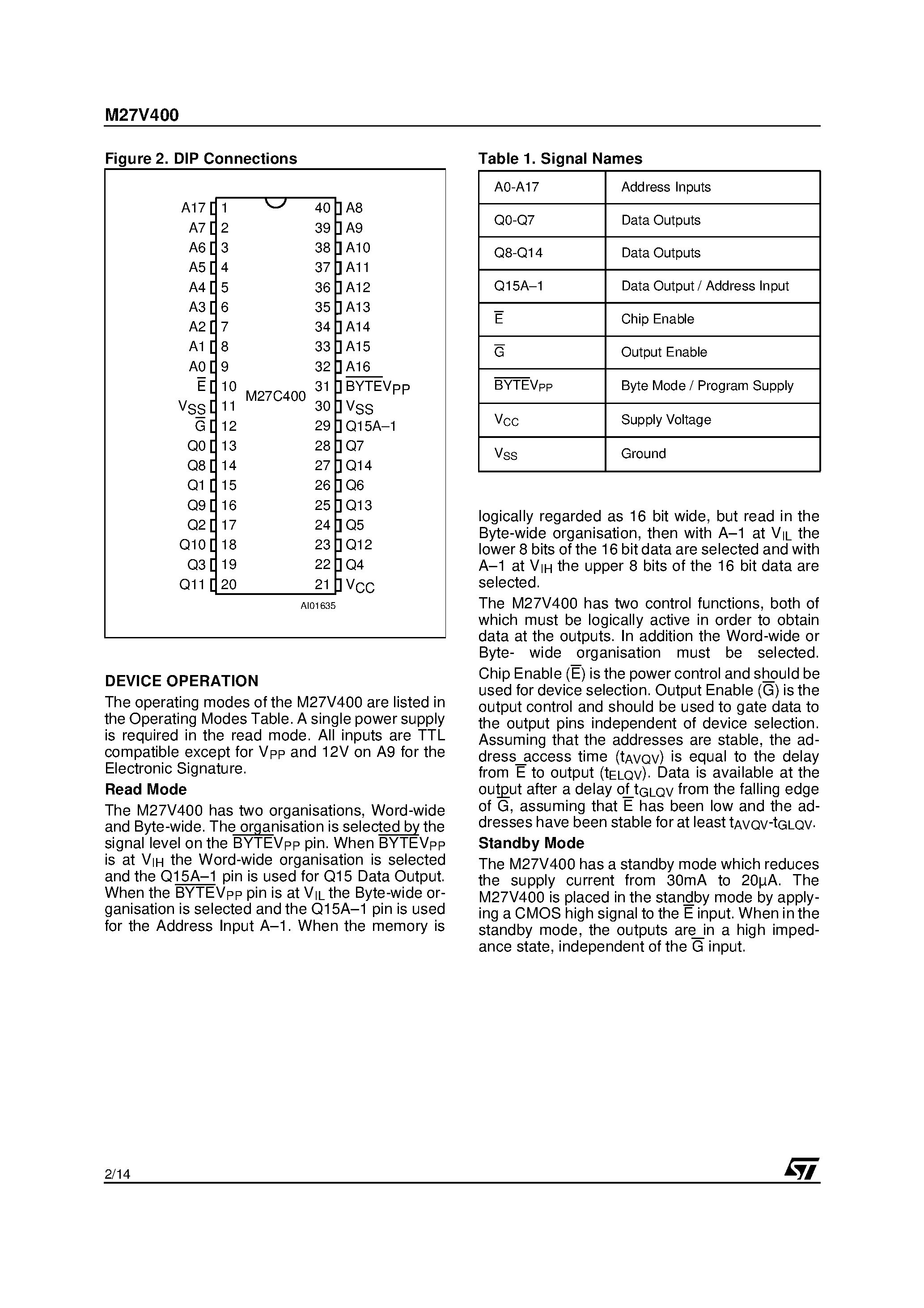 Datasheet M27V400-100XF1TR - 4 Mbit 512Kb x8 or 256Kb x16 UV EPROM and OTP EPROM page 2