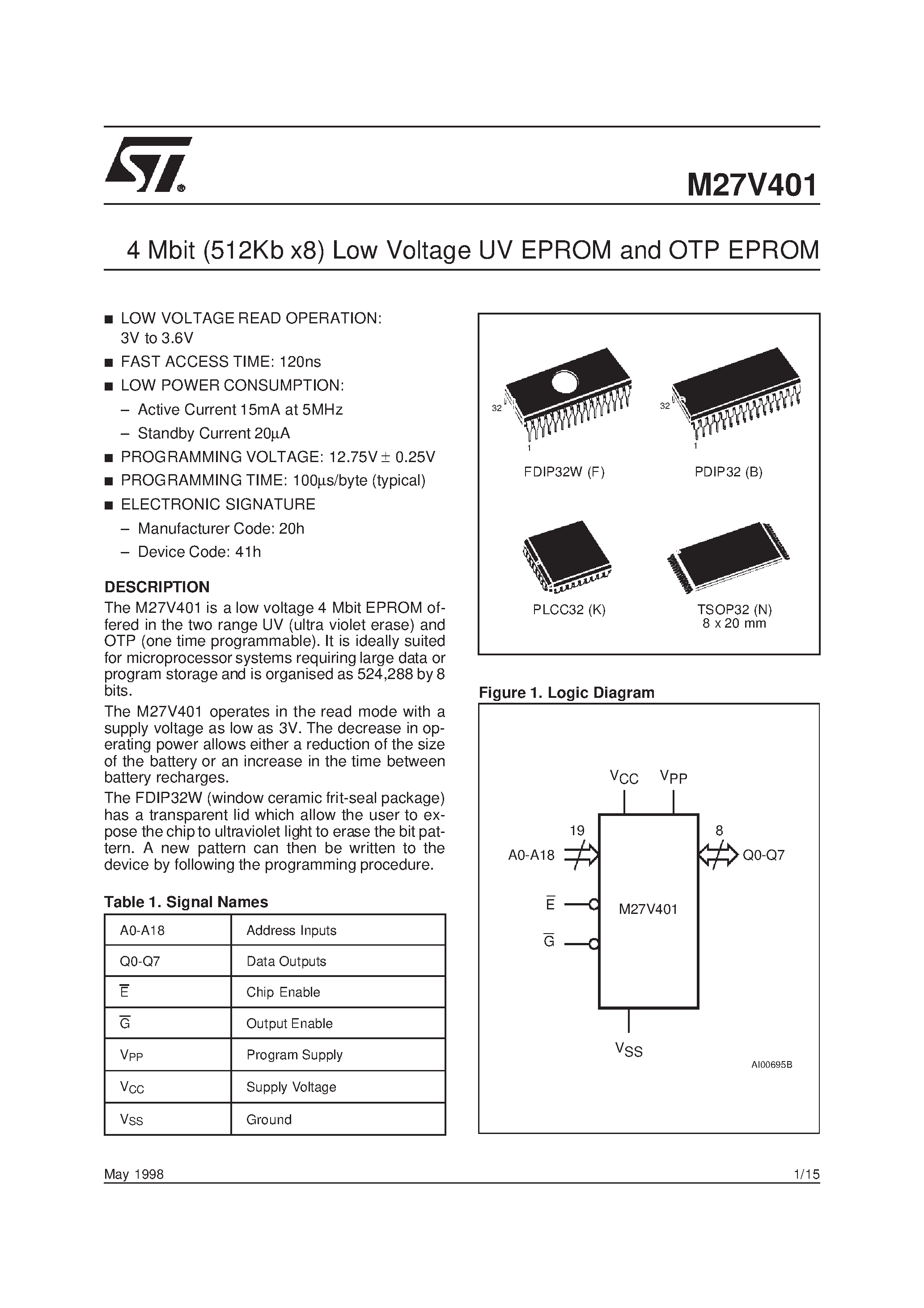 Datasheet M27V401-150N6TR - 4 Mbit 512Kb x8 Low Voltage UV EPROM and OTP EPROM page 1