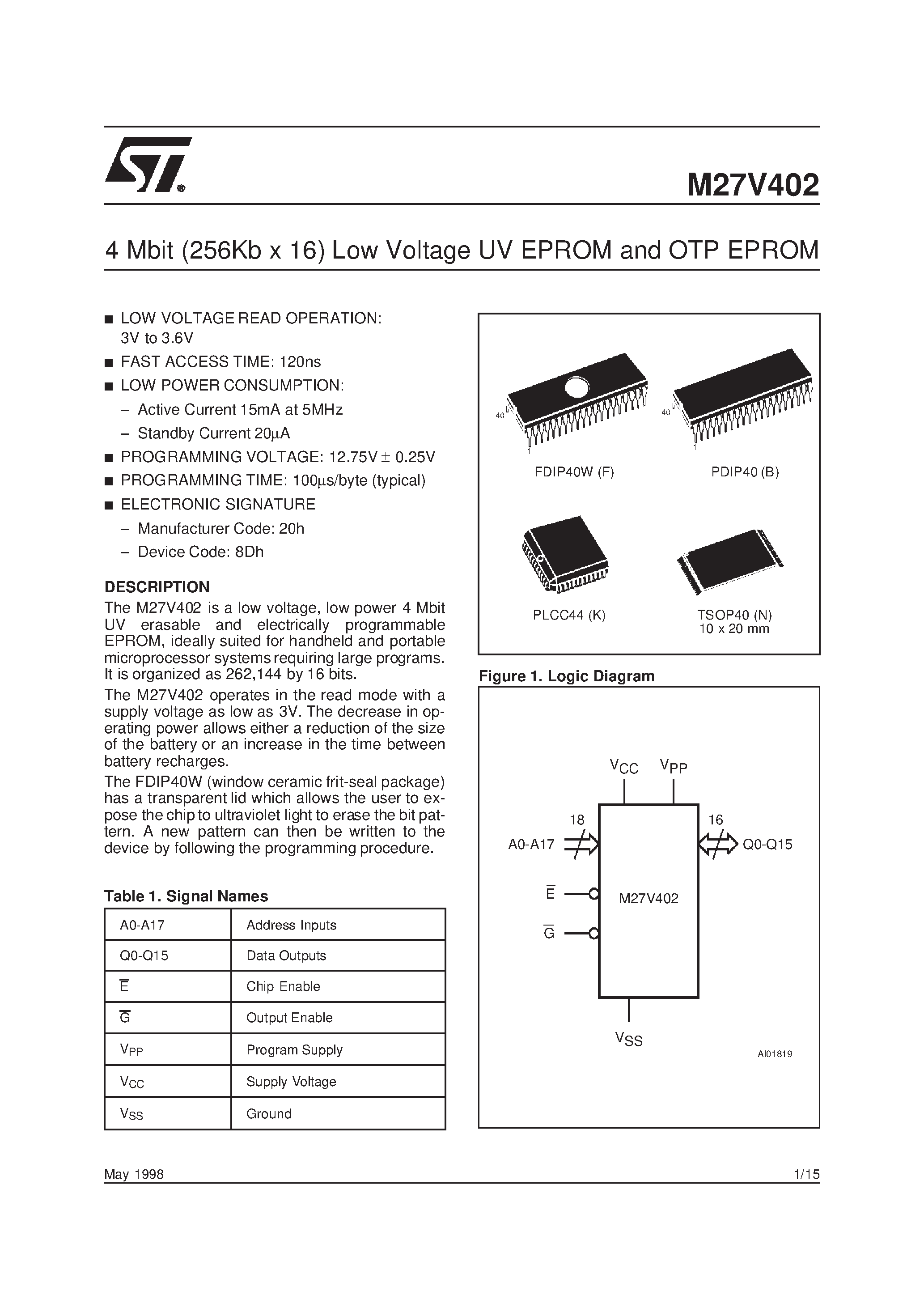 Datasheet M27V402-120B6TR - 4 Mbit 256Kb x 16 Low Voltage UV EPROM and OTP EPROM page 1