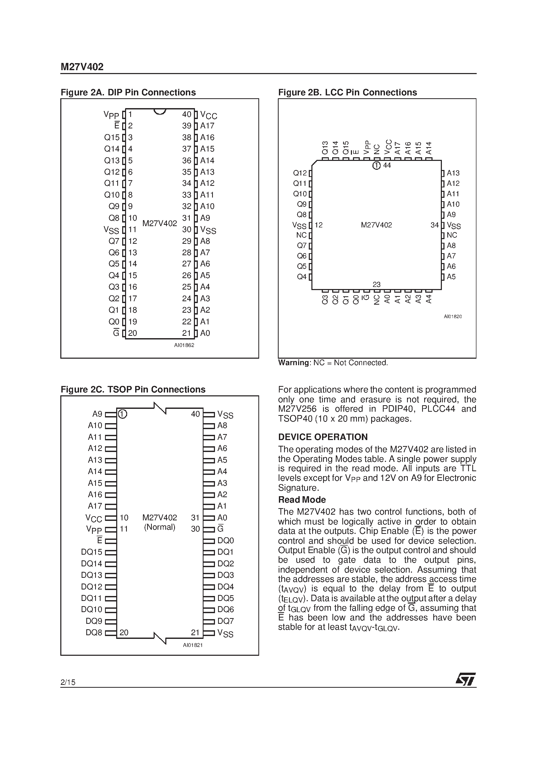 Datasheet M27V402-120B6TR - 4 Mbit 256Kb x 16 Low Voltage UV EPROM and OTP EPROM page 2