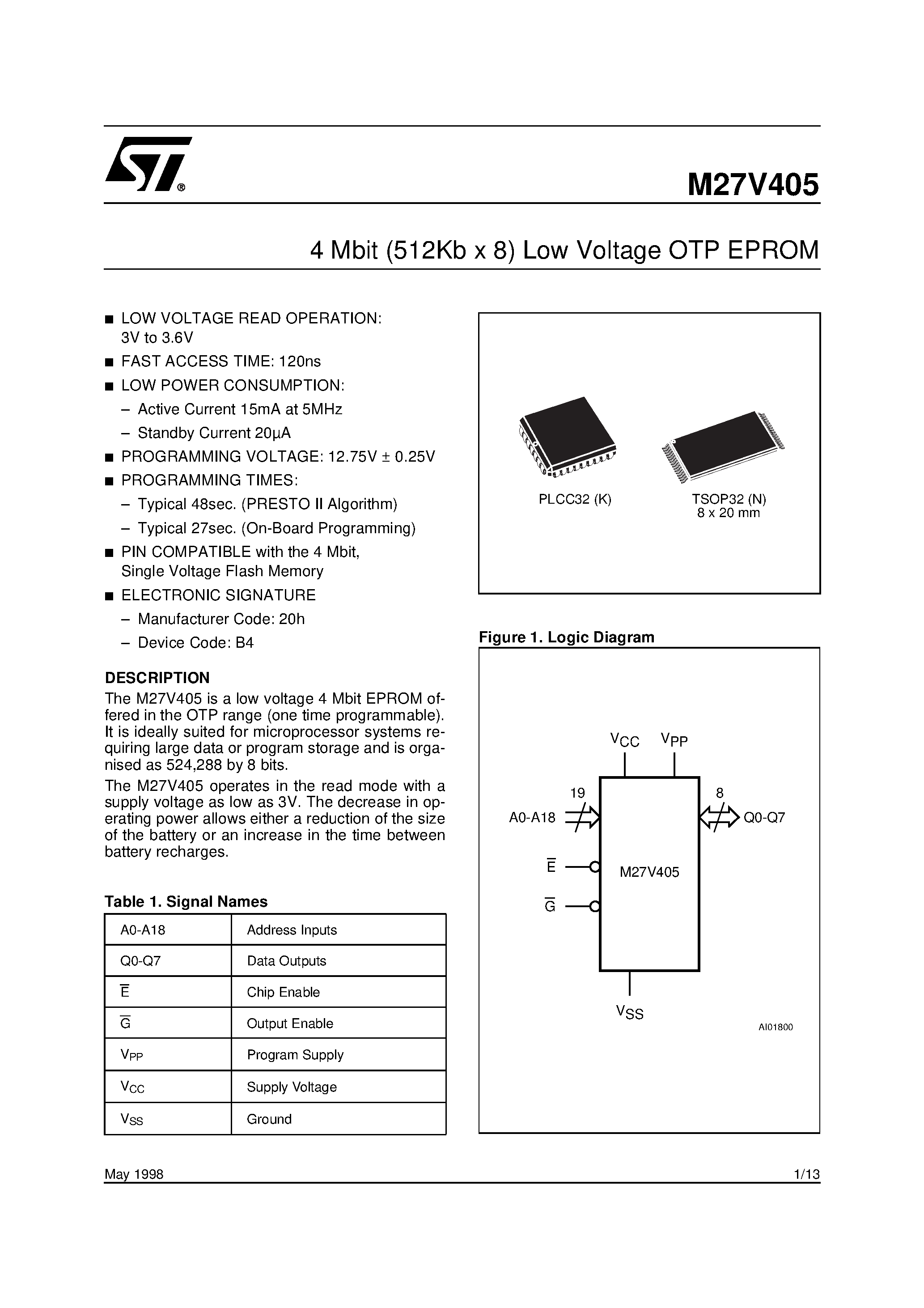 Datasheet M27V402-180K6TR page 1 Datasheet M27V402-180K6TR - 4 Mbit 512Kb x 8 Low Voltage OTP EPROM page 1