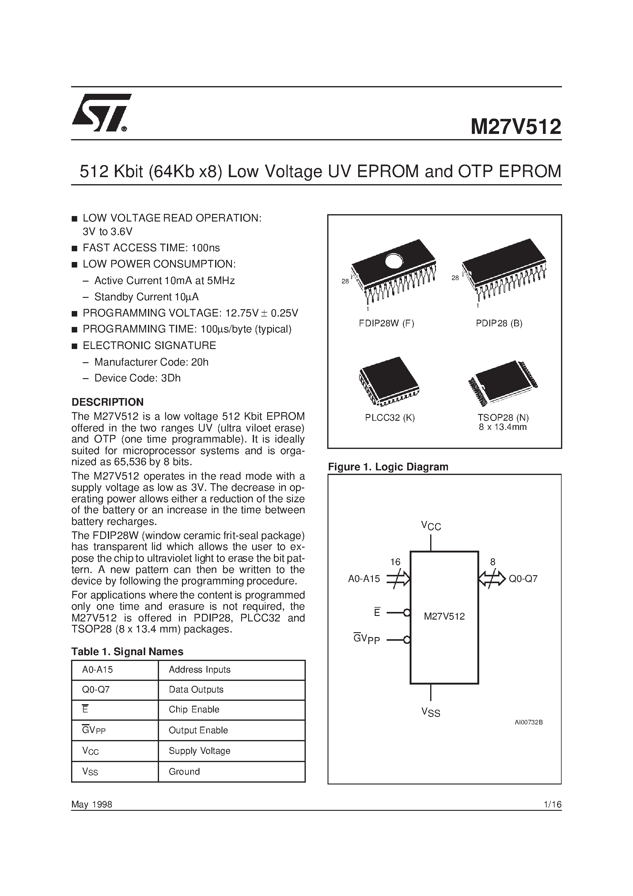 Datasheet M27V512-100B6TR page 1 Datasheet M27V512-100B6TR - 512 Kbit 64Kb x8 Low Voltage UV EPROM and OTP EPROM page 1