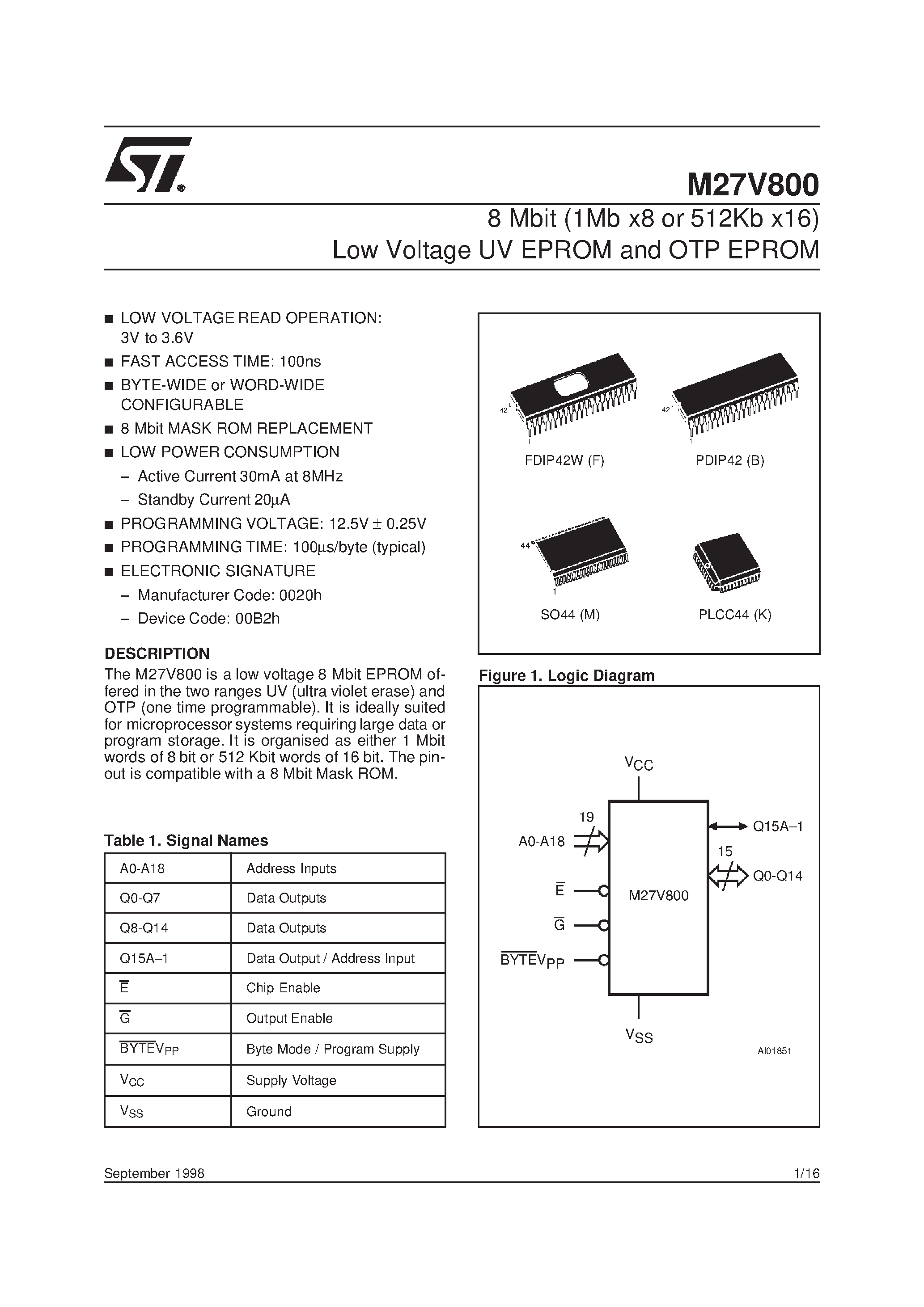 Datasheet M27V800-150M1TR - 8 Mbit 1Mb x8 or 512Kb x16 Low Voltage UV EPROM and OTP EPROM page 1