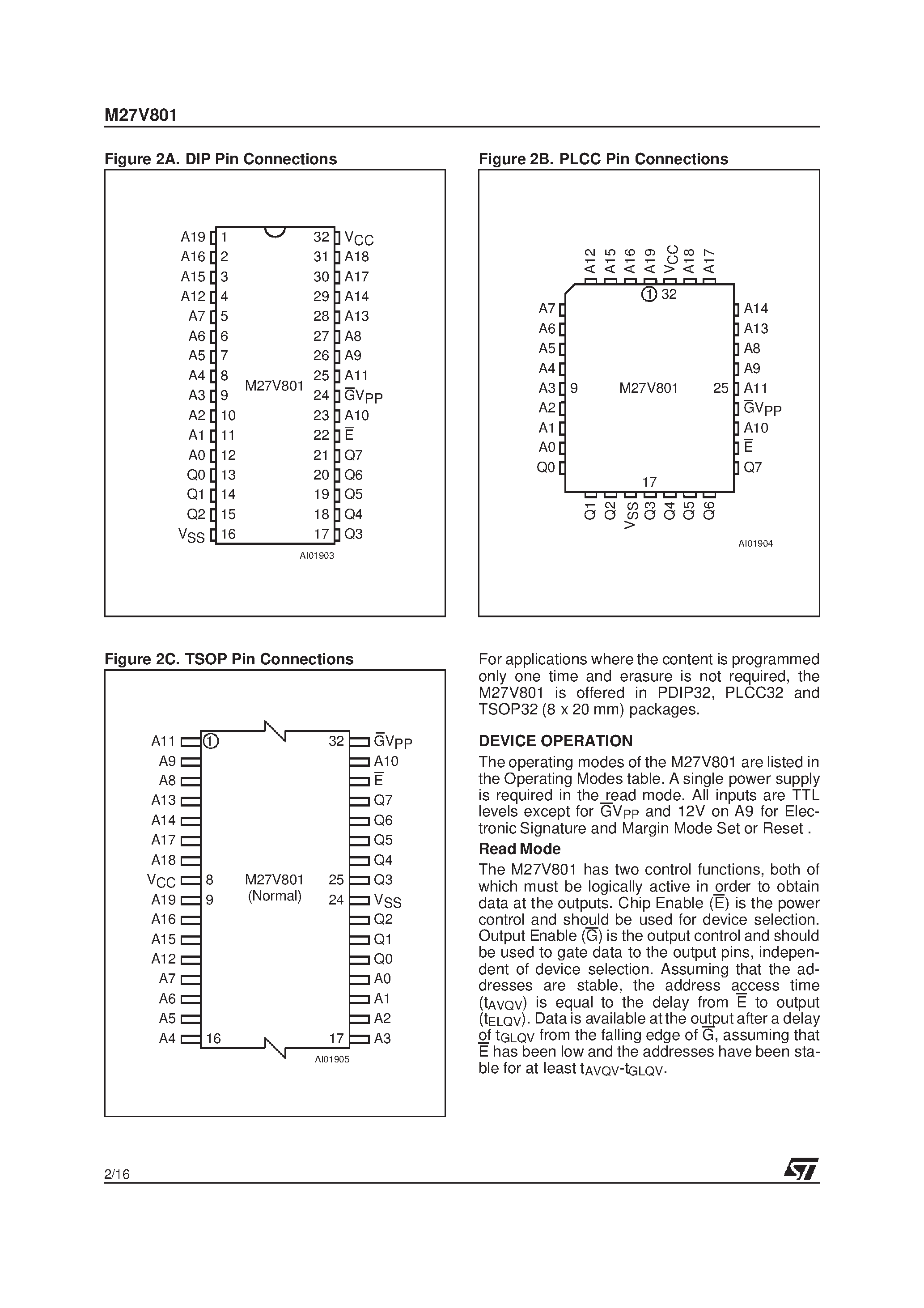 Datasheet M27V801-120P6TR page 2 Datasheet M27V801-120P6TR - 8 Mbit 1Mb x8 Low Voltage UV EPROM and OTP EPROM page 2