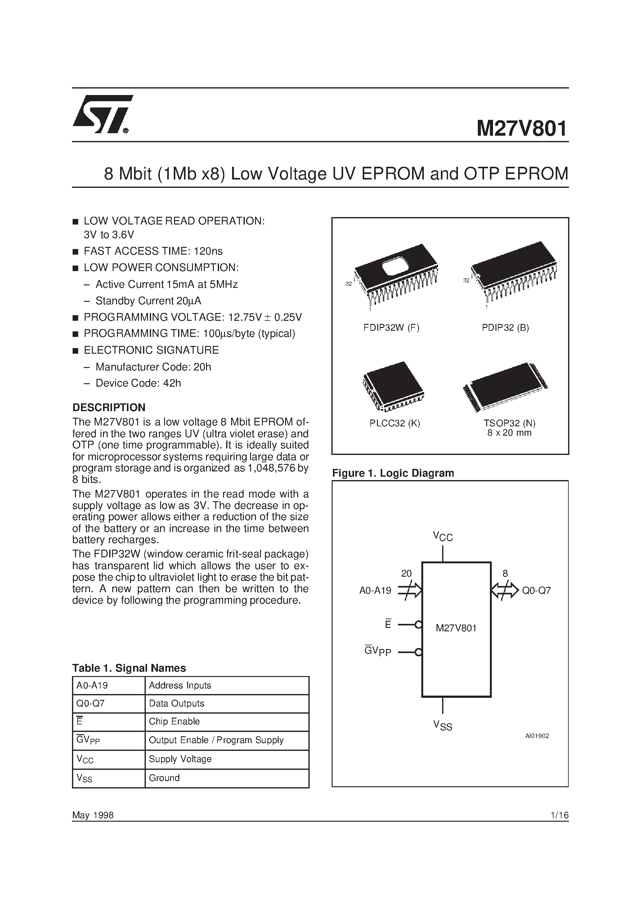 Datasheet M27V801-180N6TR - 8 Mbit 1Mb x8 Low Voltage UV EPROM and OTP EPROM page 1