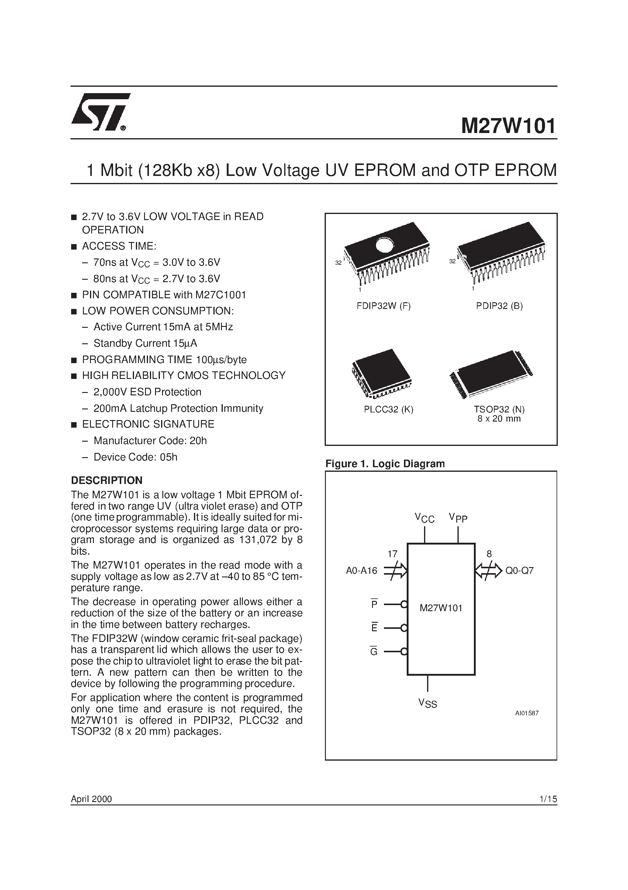 Datasheet M27W101 - 1 Mbit 128Kb x8 Low Voltage UV EPROM and OTP EPROM page 1