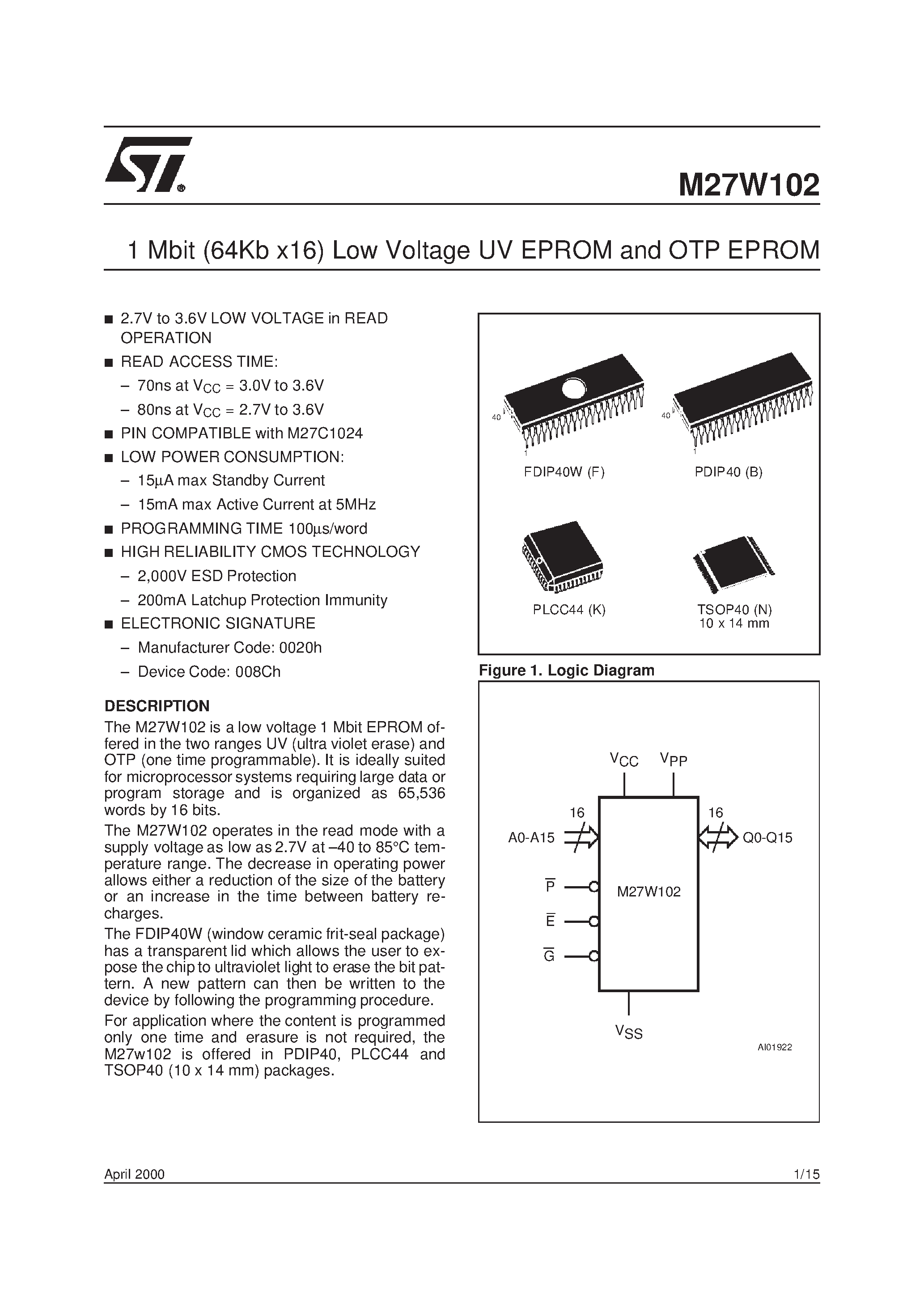 Datasheet M27W101-80N6TR - 1 Mbit 128Kb x8 Low Voltage UV EPROM and OTP EPROM page 1
