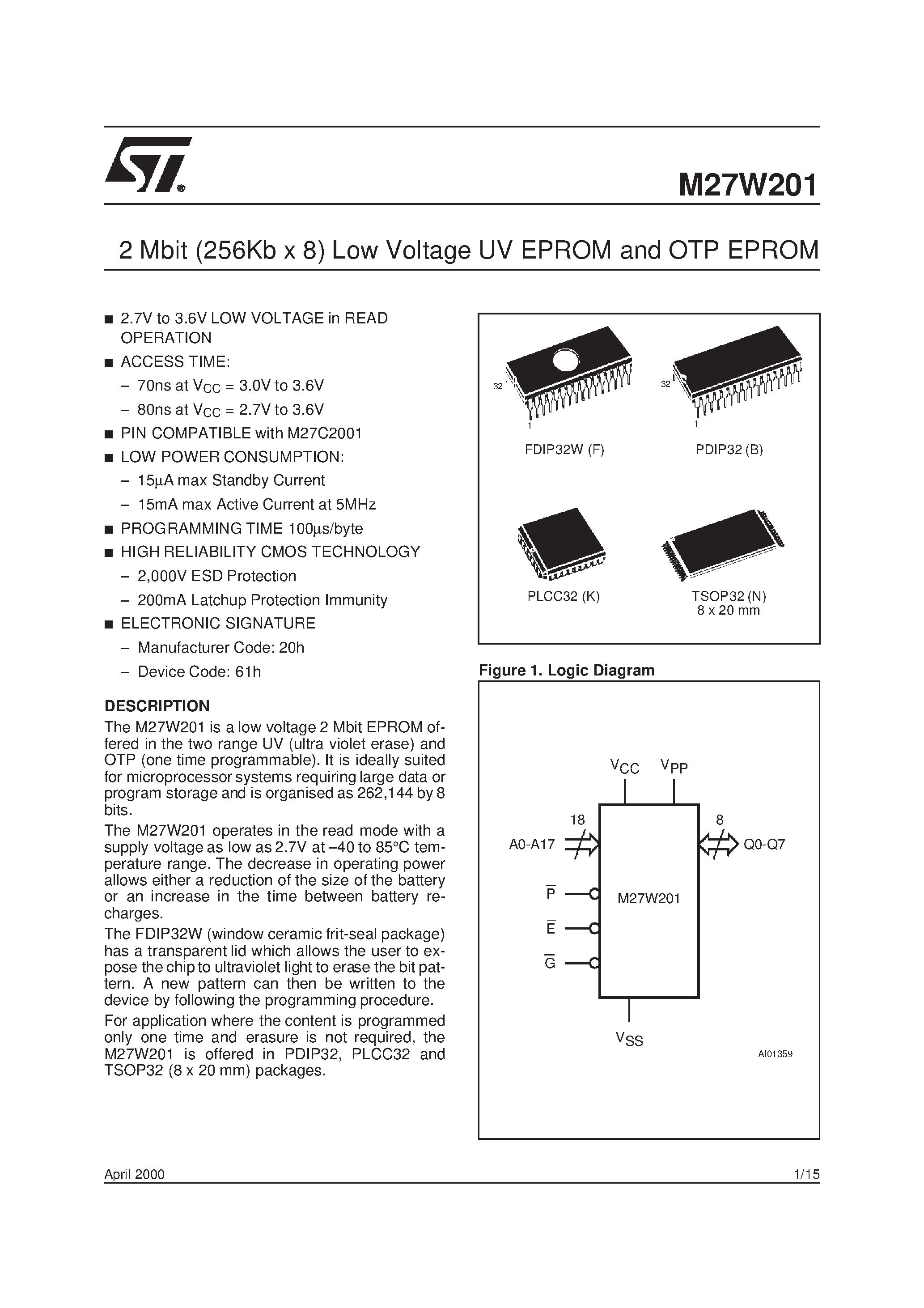 Datasheet M27W201-100F6TR - 2 Mbit 256Kb x 8 Low Voltage UV EPROM and OTP EPROM page 1