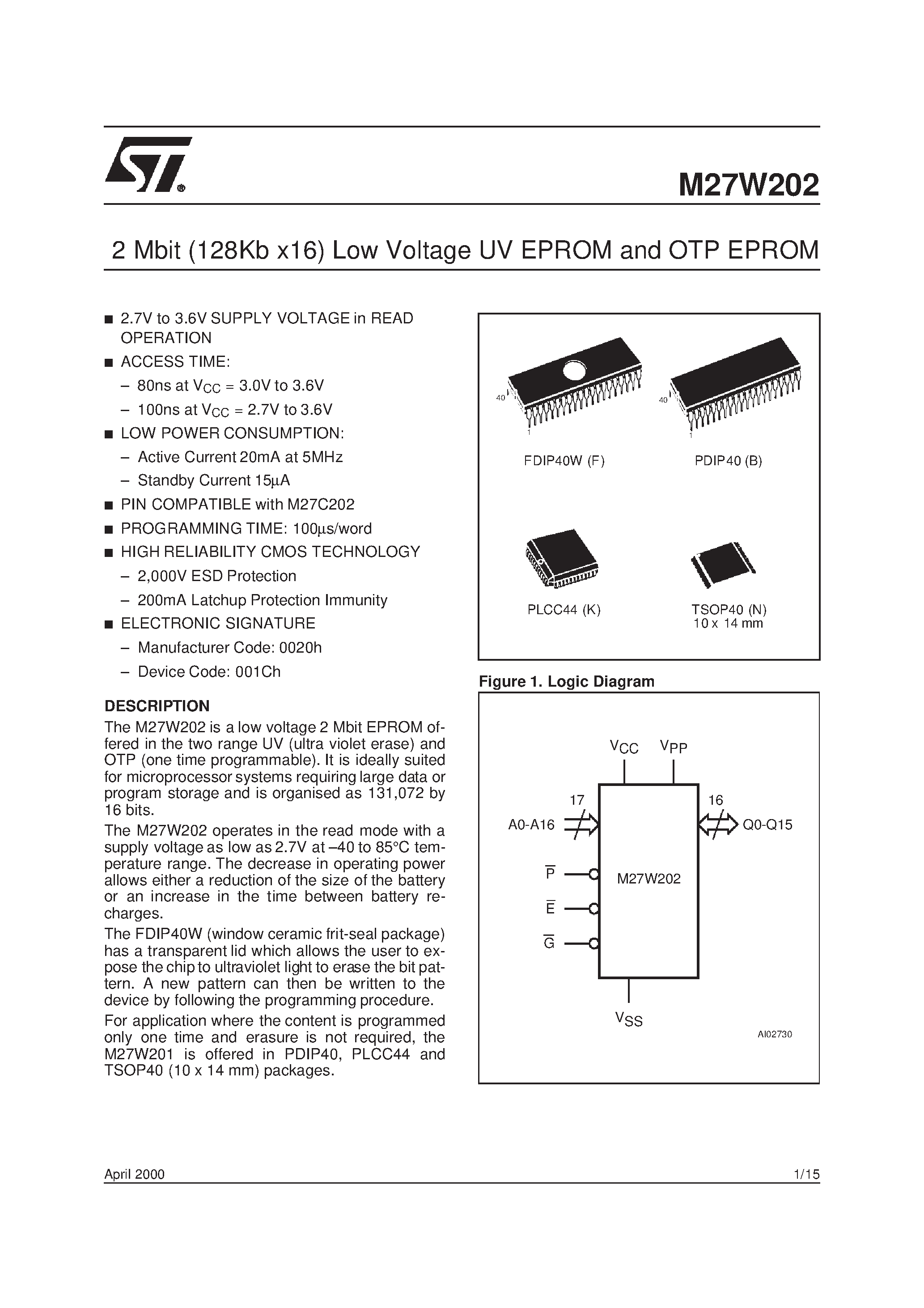 Datasheet M27W202-150K6TR page 1 Datasheet M27W202-150K6TR - 2 Mbit 128Kb x16 Low Voltage UV EPROM and OTP EPROM page 1