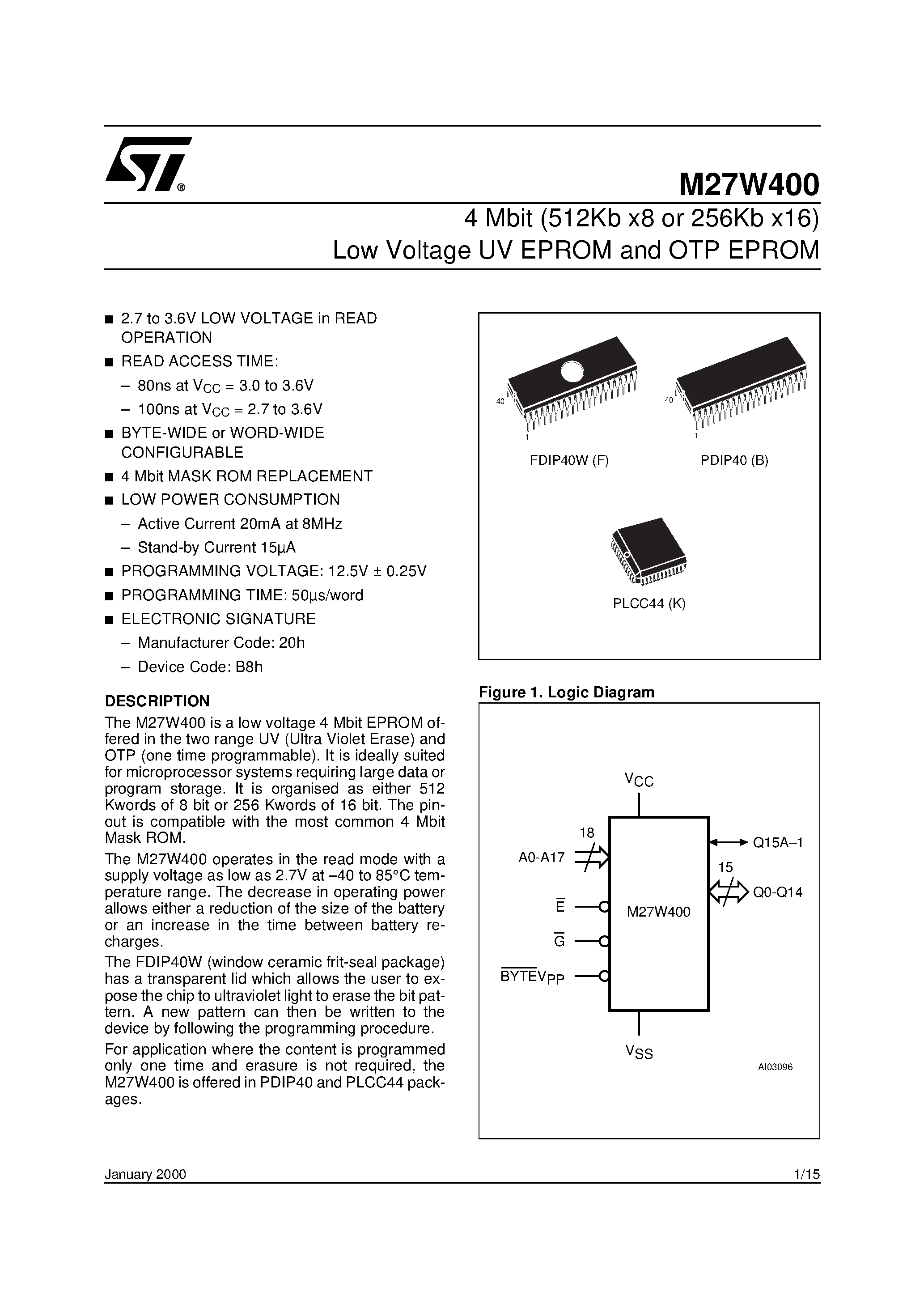Datasheet M27W400-100B6TR - 4 Mbit 512Kb x8 or 256Kb x16 Low Voltage UV EPROM and OTP EPROM page 1