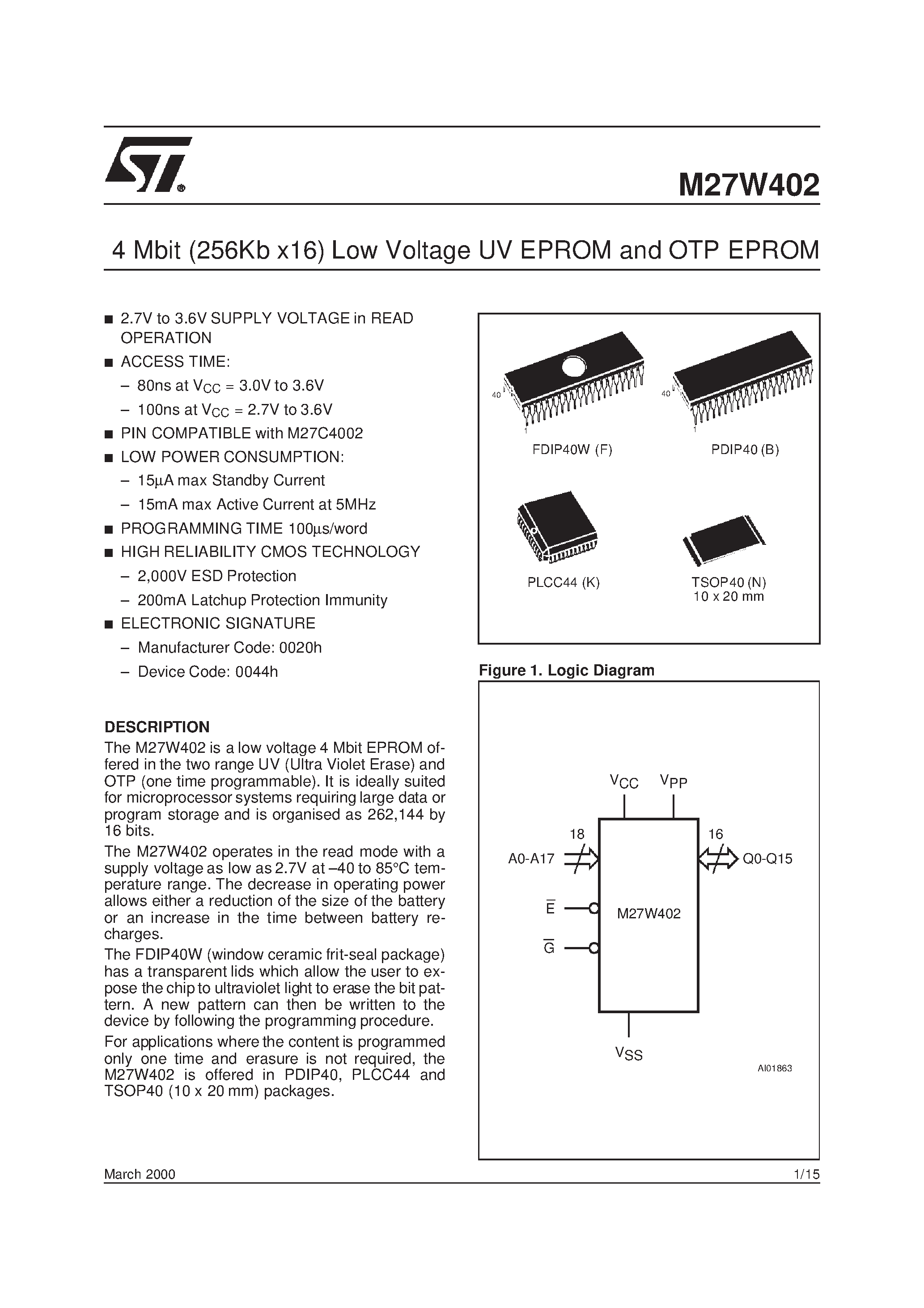 Даташит M27W402-100N6TR - 4 Mbit 256Kb x16 Low Voltage UV EPROM and OTP EPROM страница 1