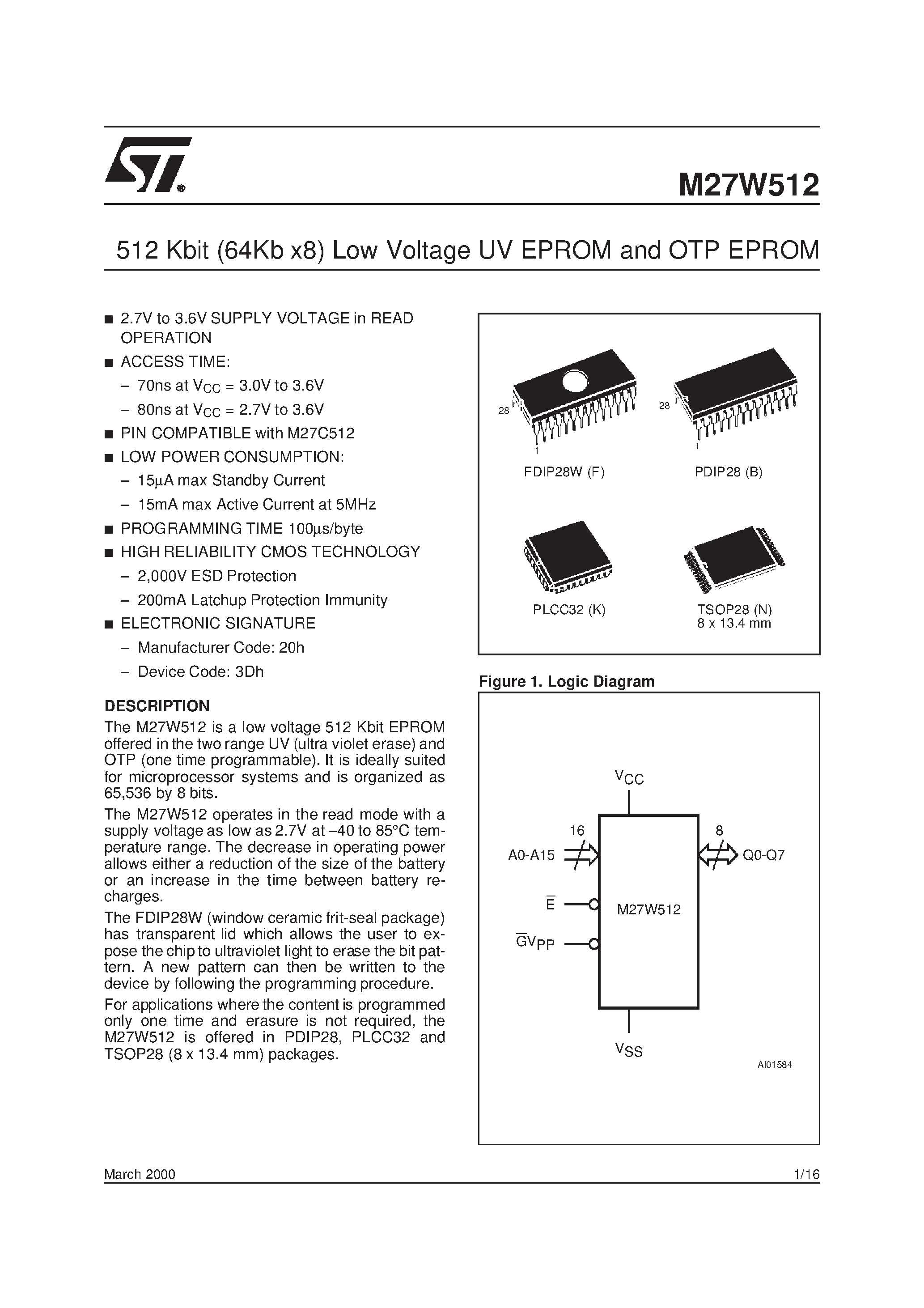 Datasheet M27W512-80K6TR - 512 Kbit 64Kb x8 Low Voltage UV EPROM and OTP EPROM page 1