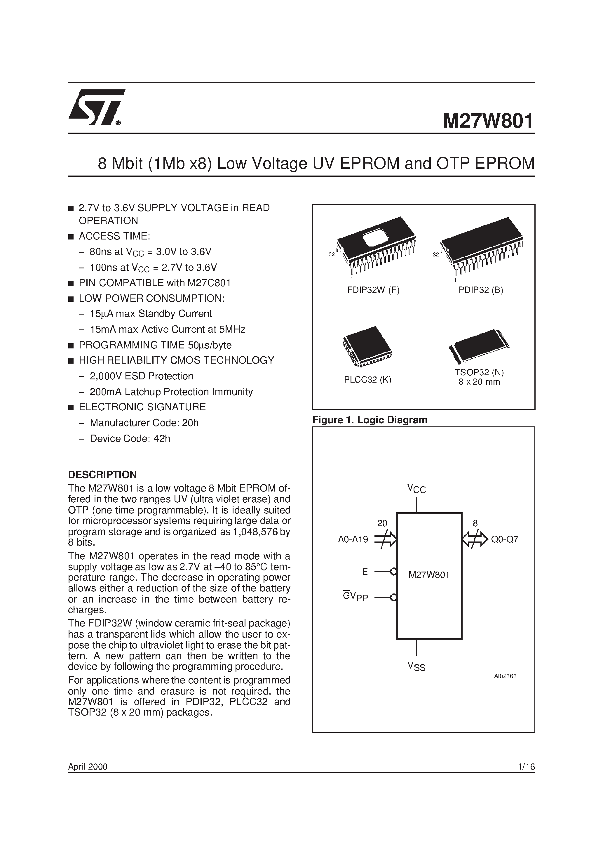 Datasheet M27W801-200B6TR - 8 Mbit 1Mb x8 Low Voltage UV EPROM and OTP EPROM page 1