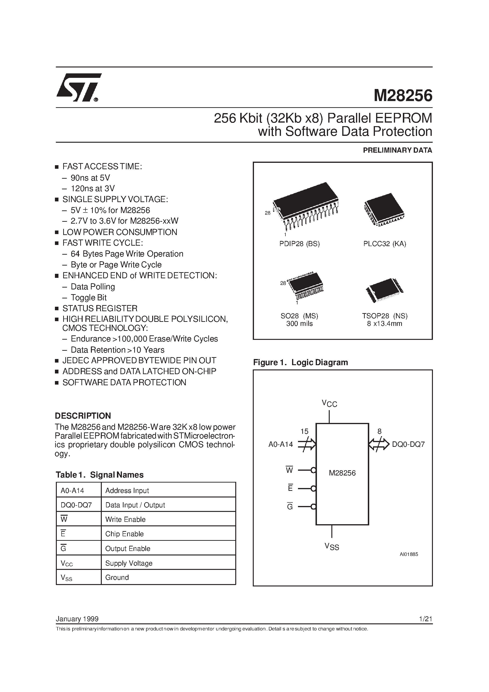 Datasheet M28010-25WNA6T page 1 Datasheet M28010-25WNA6T - 1 Mbit 128K x 8 Parallel EEPROM With Software Data Protection page 1