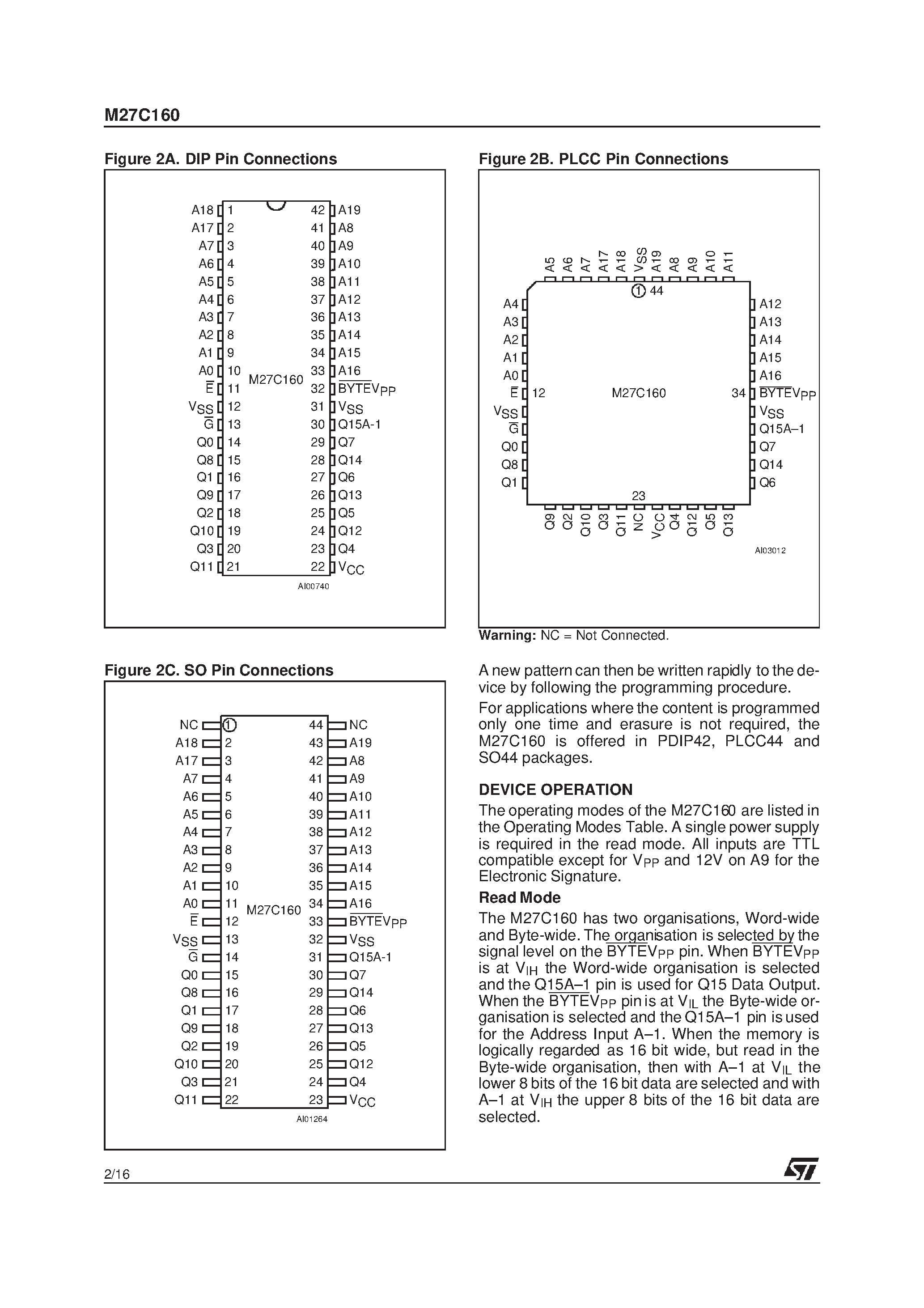 Datasheet M27C160-120XK6TR - 16 Mbit 2Mb x8 or 1Mb x16 UV EPROM and OTP EPROM page 2