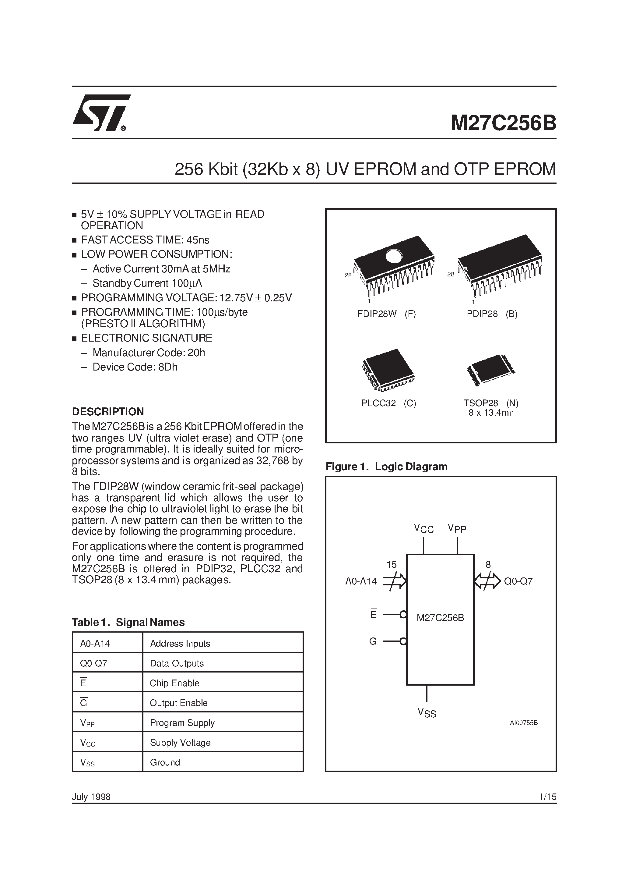 Datasheet M27C256B-10XN1TR - 256 Kbit (32Kb x 8) UV EPROM and OTP EPROM page 1
