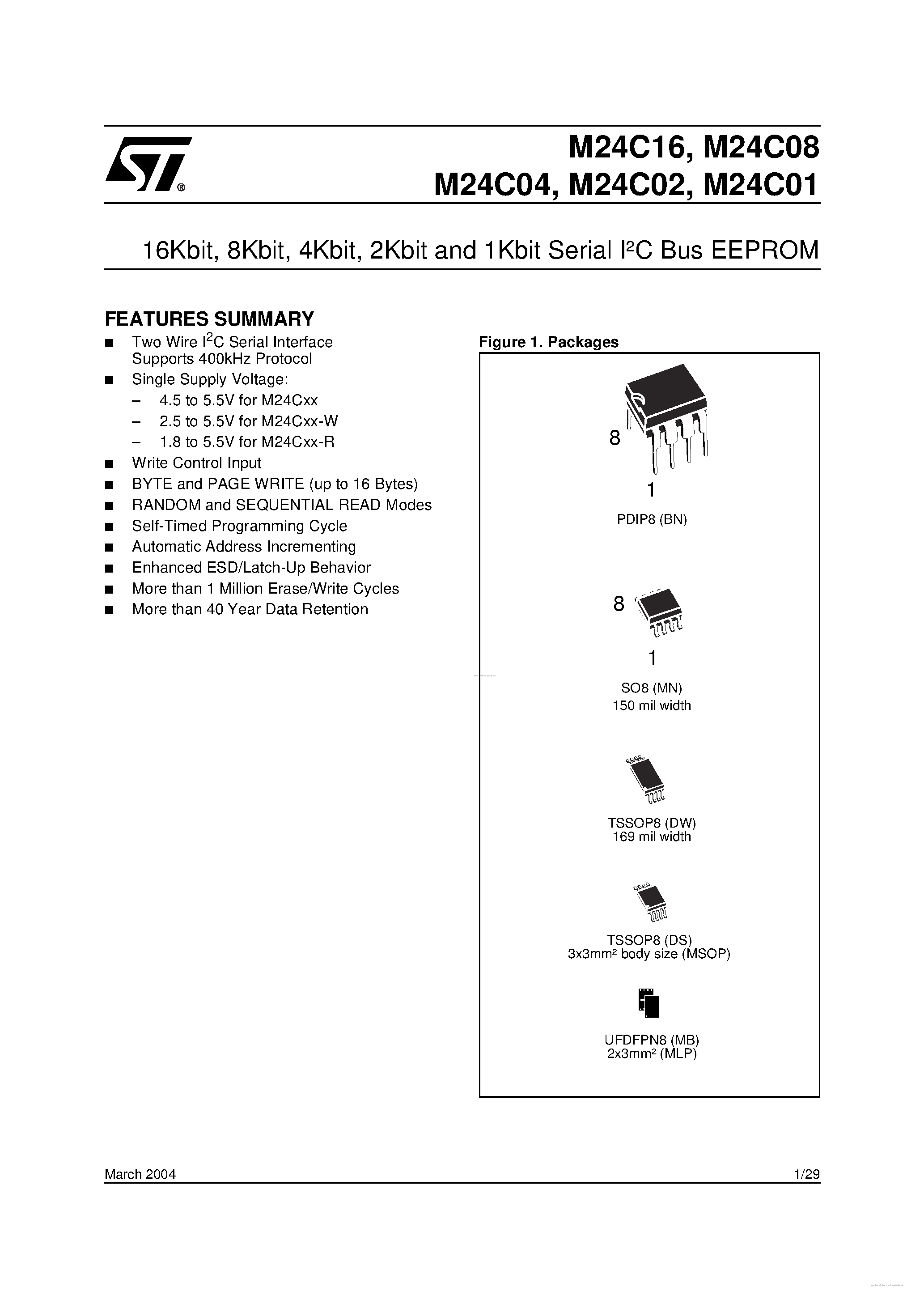 Datasheet M24C02-W1BN3T - 16/8/4/2/1 Kbit Serial IC Bus EEPROM page 1