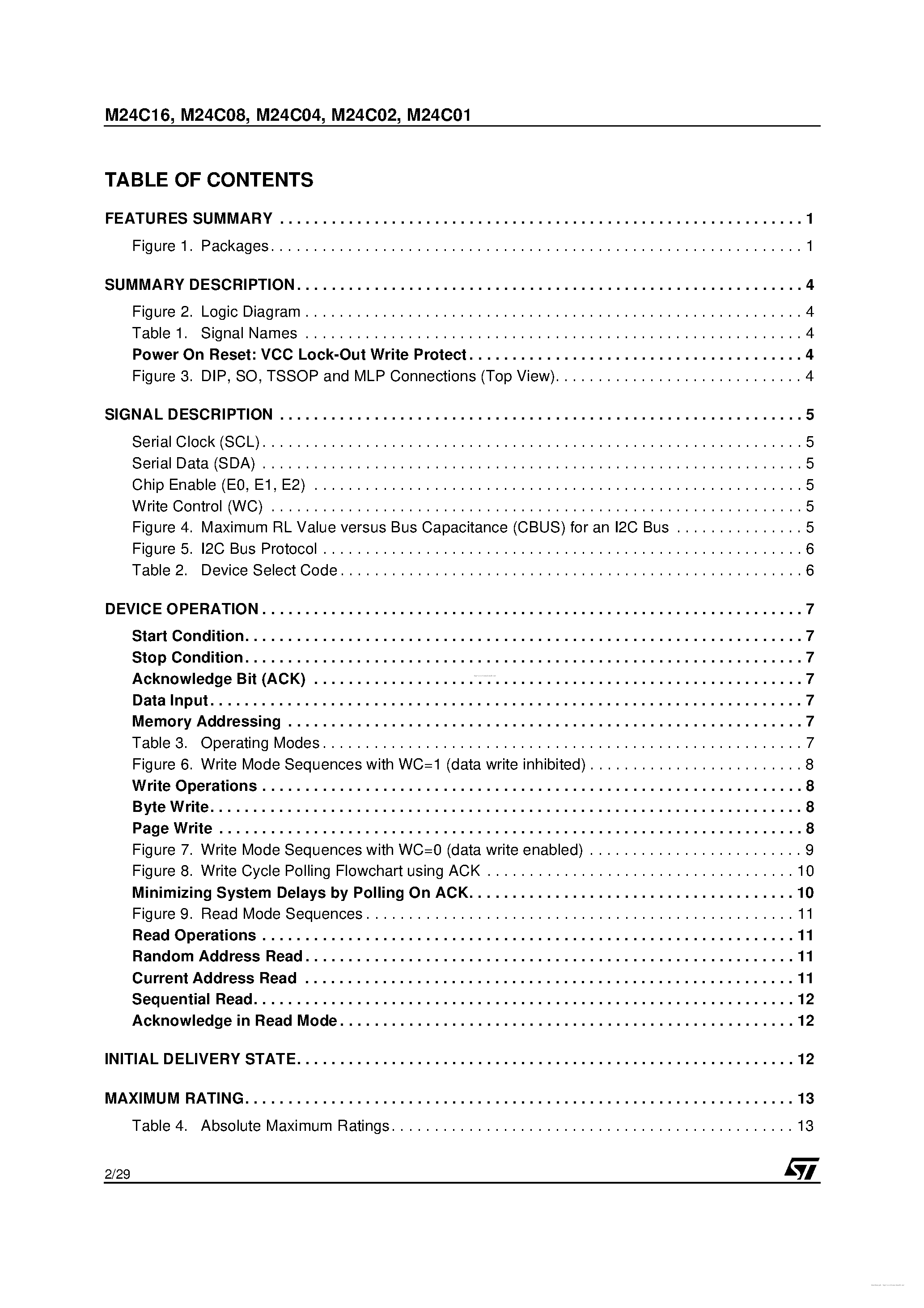 Datasheet M24C02-W1BN3T - 16/8/4/2/1 Kbit Serial IC Bus EEPROM page 2