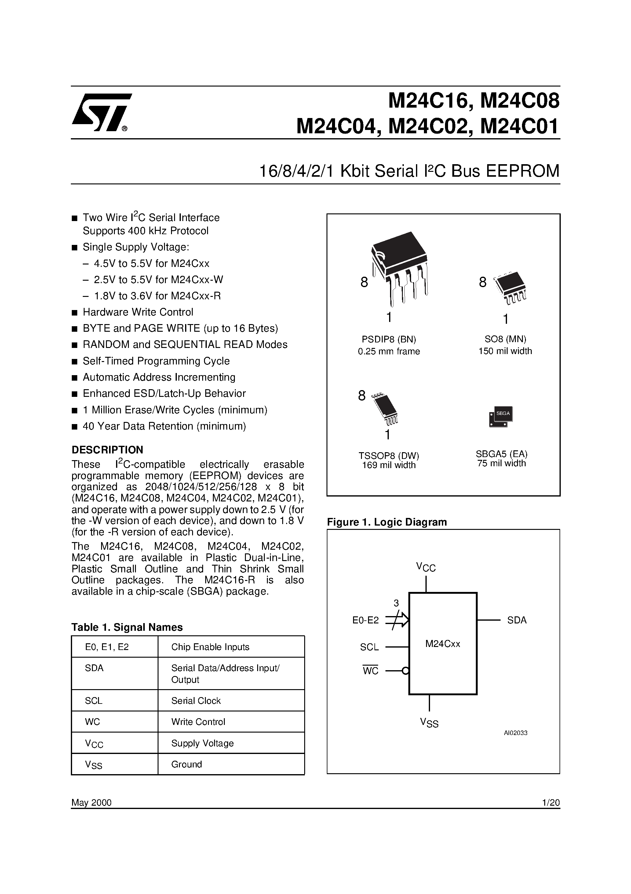 Datasheet M24C08EA6T - 16/8/4/2/1 Kbit Serial IC Bus EEPROM page 1