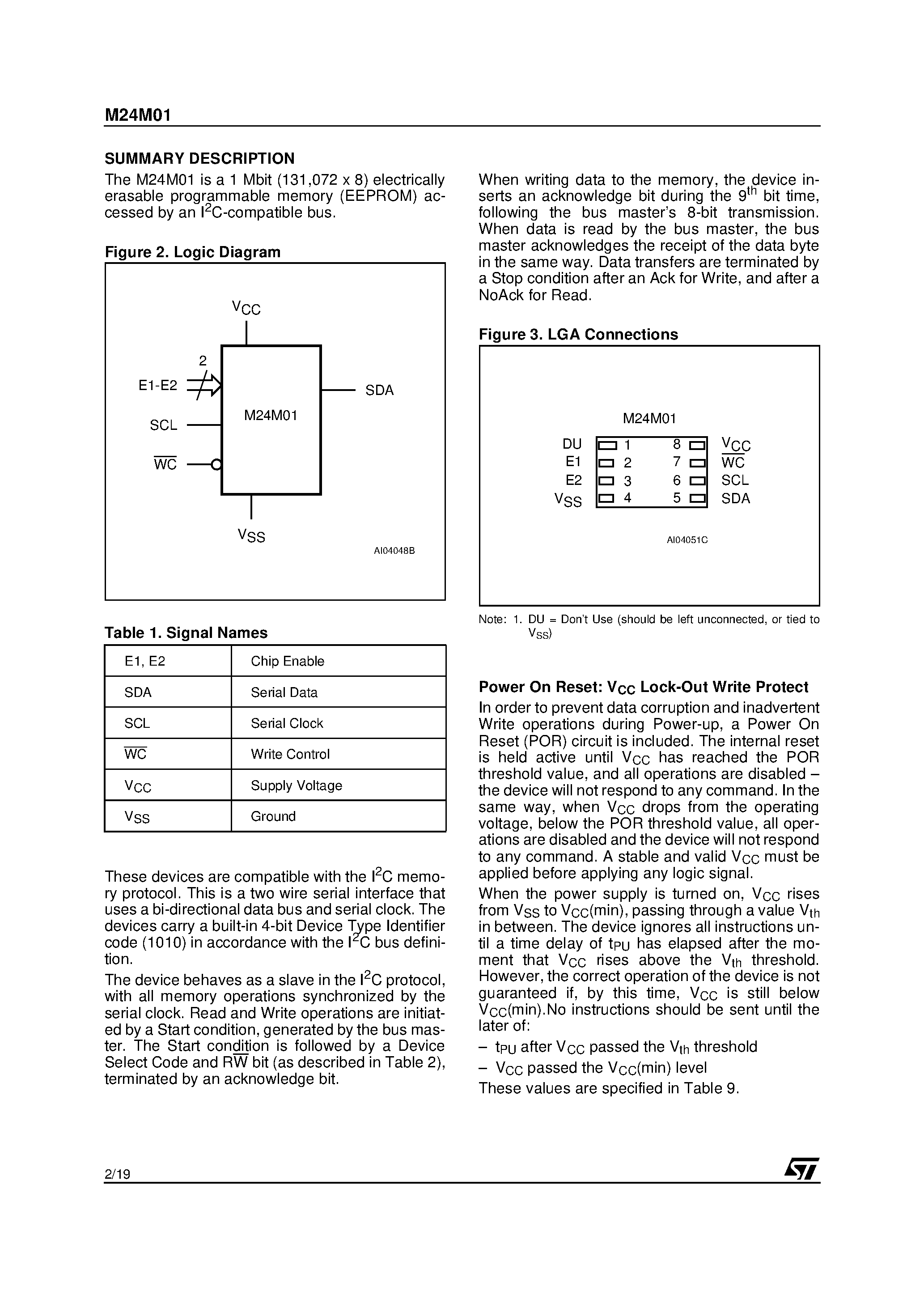 Даташит на микросхему M24M01S-LA6T страница 2 Даташит M24M01S-LA6T - 1 Mbit Serial IC Bus EEPROM страница 2