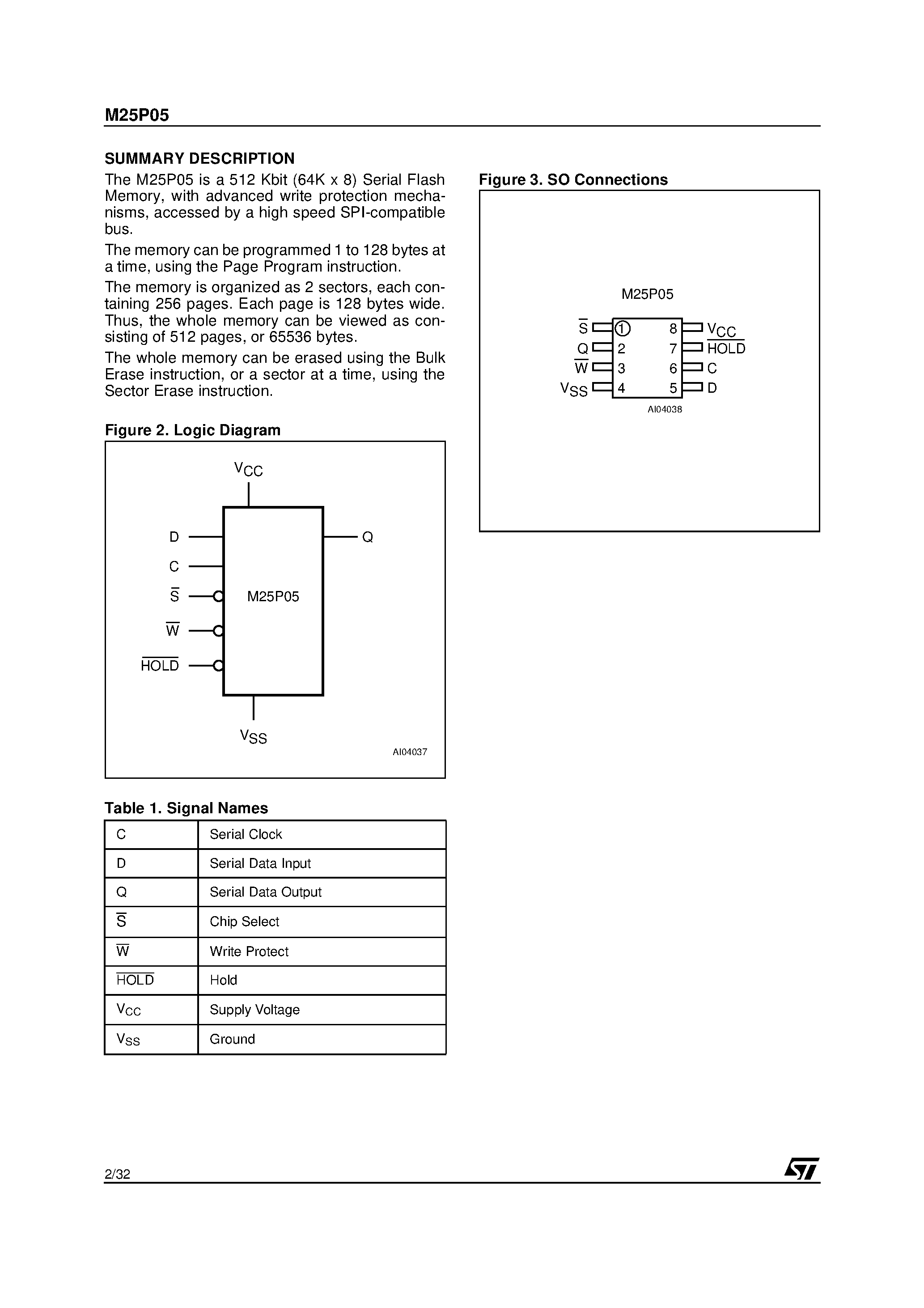 Datasheet M25P05VMN6T - 512 Kbit/ Low Voltage/ Serial Flash Memory With 20 MHz SPI Bus Interface page 2