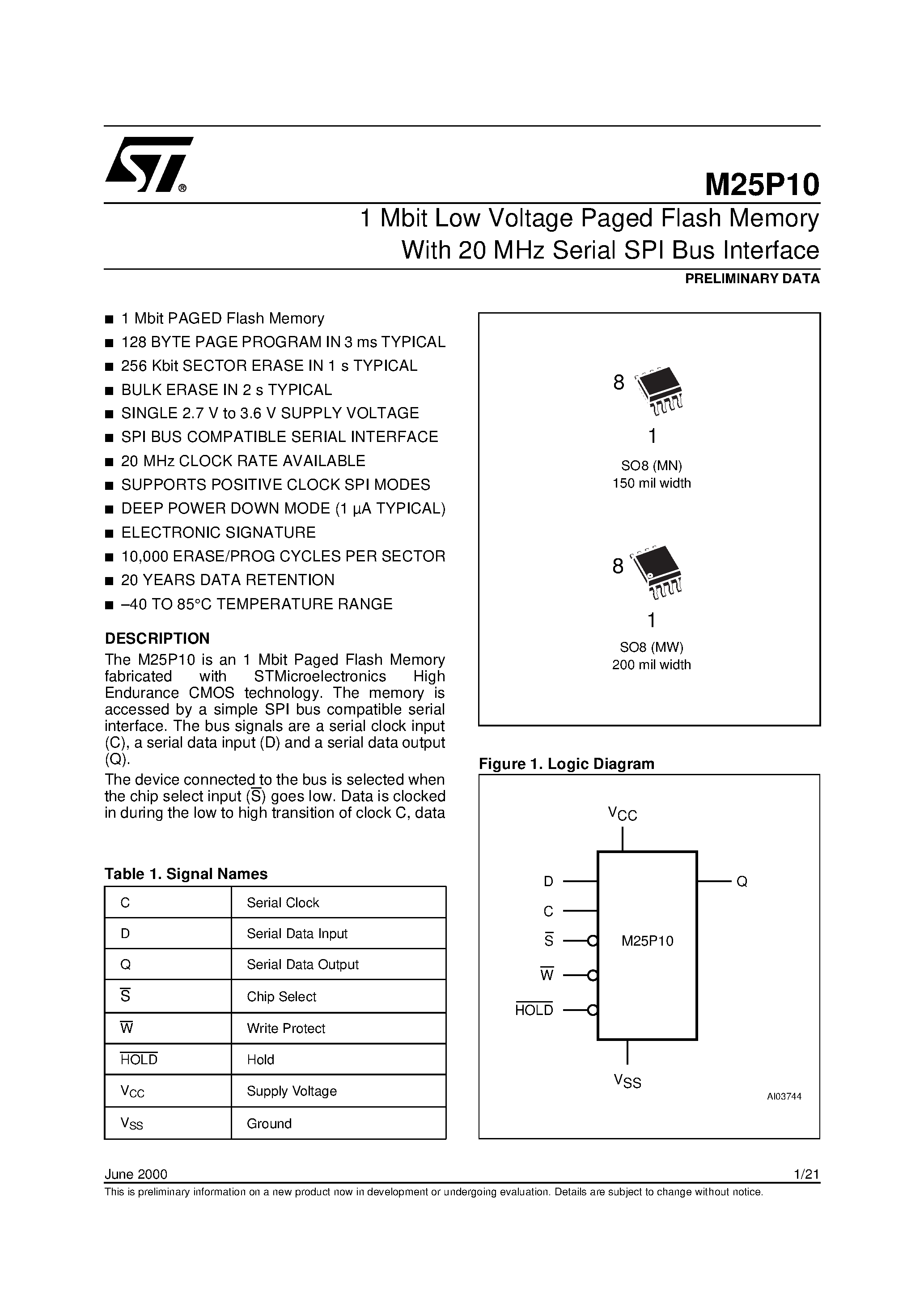 Datasheet M25P10-VMN6T - 1 Mbit Low Voltage Paged Flash Memory With 20 MHz Serial SPI Bus Interface page 1