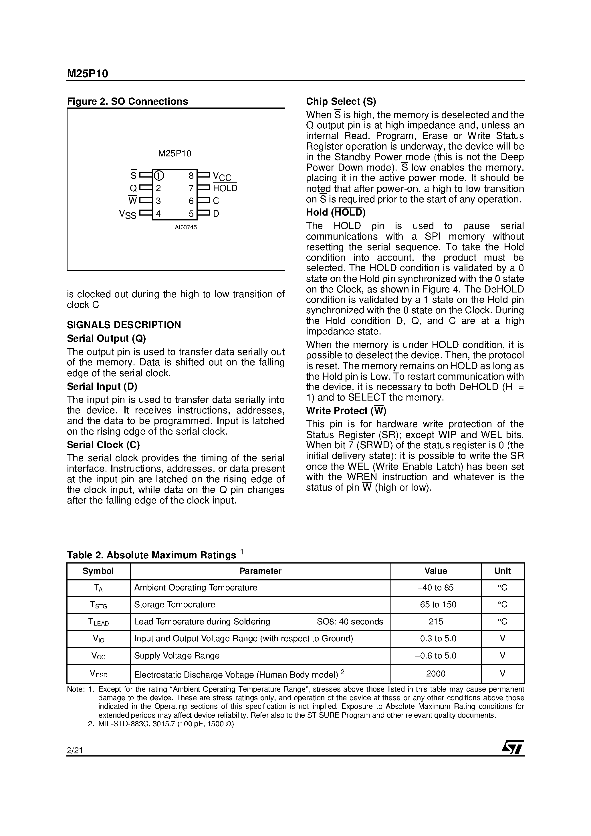 Datasheet M25P10-VMW6T - 1 Mbit Low Voltage Paged Flash Memory With 20 MHz Serial SPI Bus Interface page 2