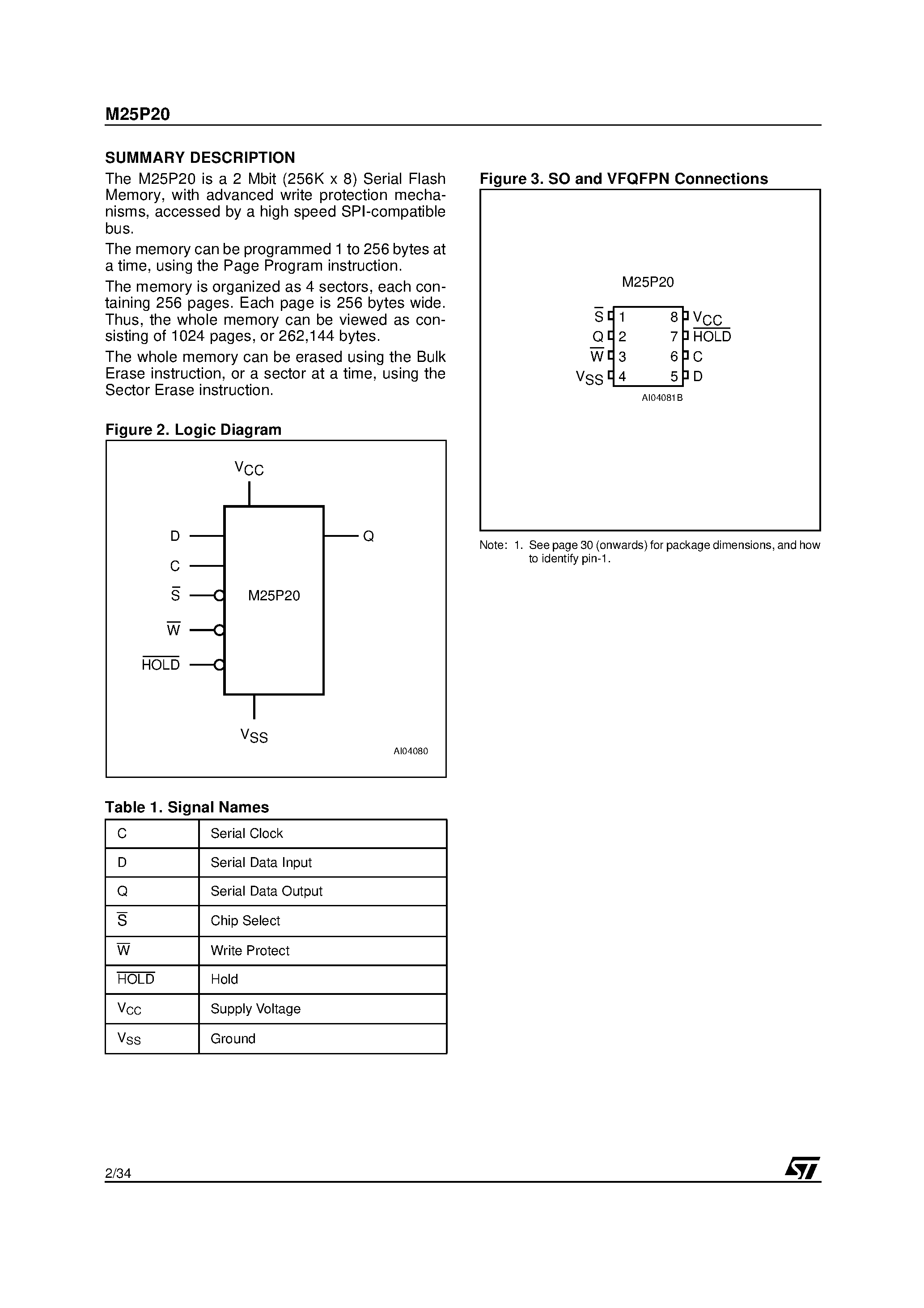 Datasheet M25P20-VMN6T page 2 Datasheet M25P20-VMN6T - 2 Mbit/ Low Voltage/ Serial Flash Memory With 25 MHz SPI Bus Interface page 2