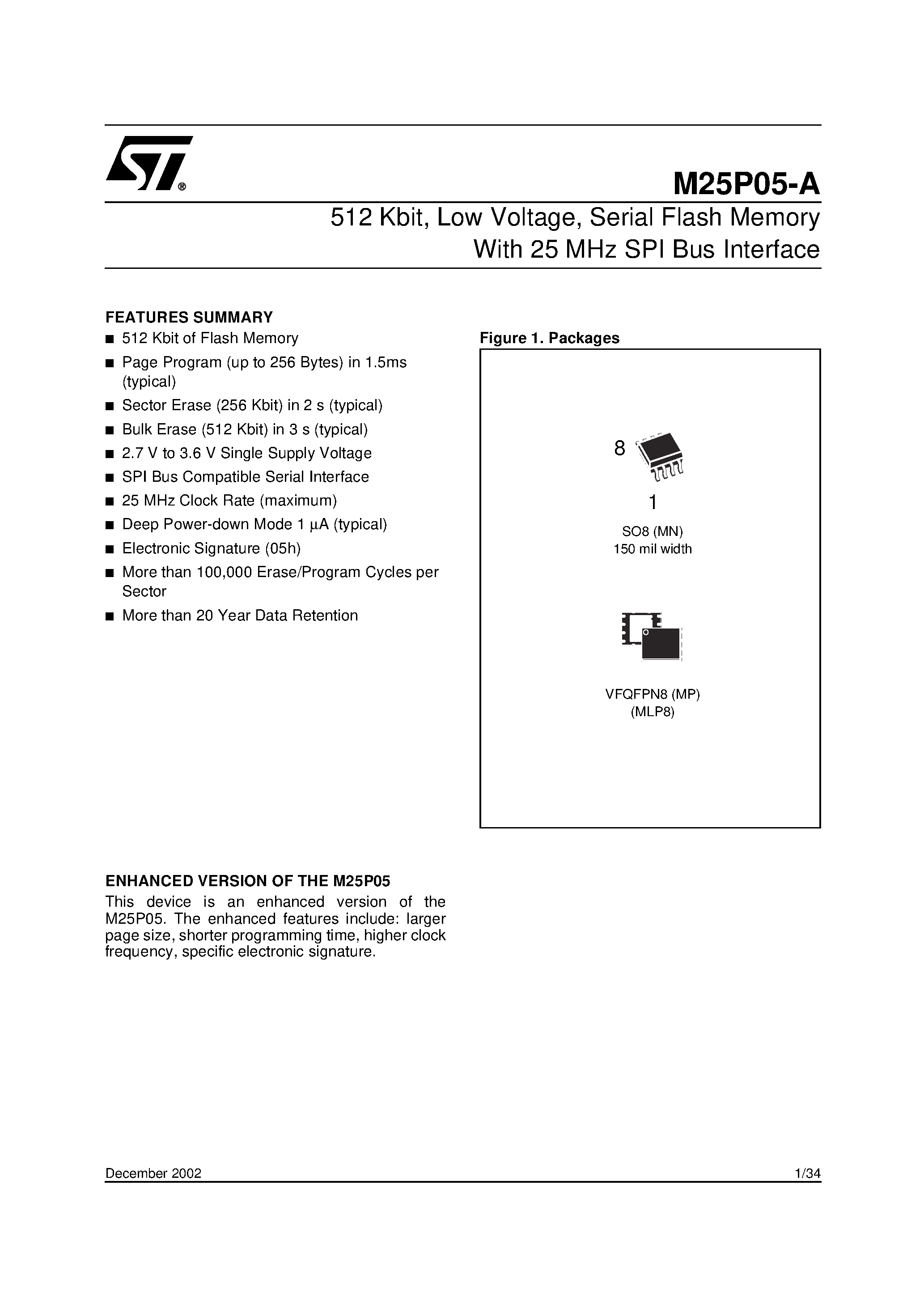 Datasheet M25P20VMP6T page 1 Datasheet M25P20VMP6T - 1 Mbit/ Low Voltage/ Serial Flash Memory With 25 MHz SPI Bus Interface page 1