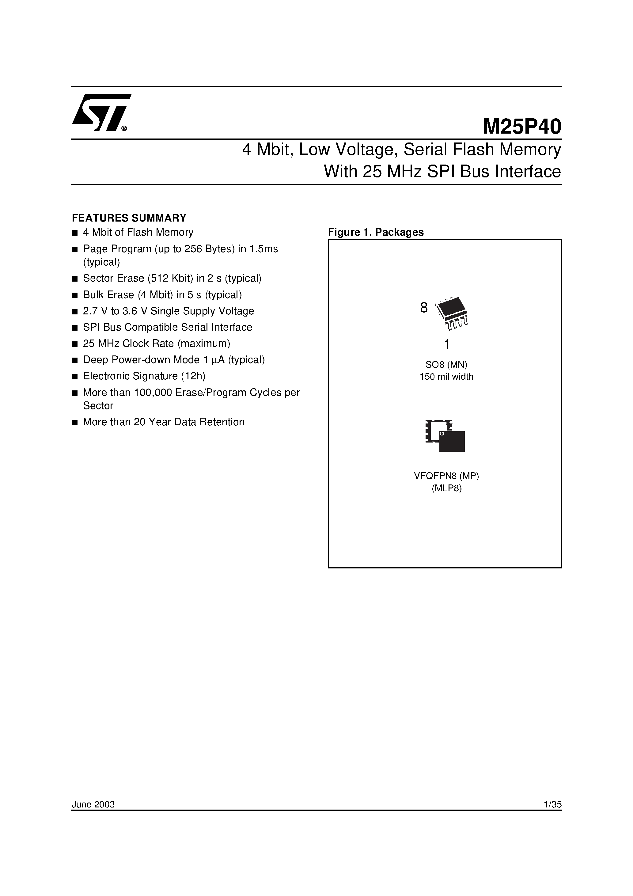 Datasheet M25P40-VMW6T - 4 Mbit/ Low Voltage/ Serial Flash Memory With 25 MHz SPI Bus Interface page 1