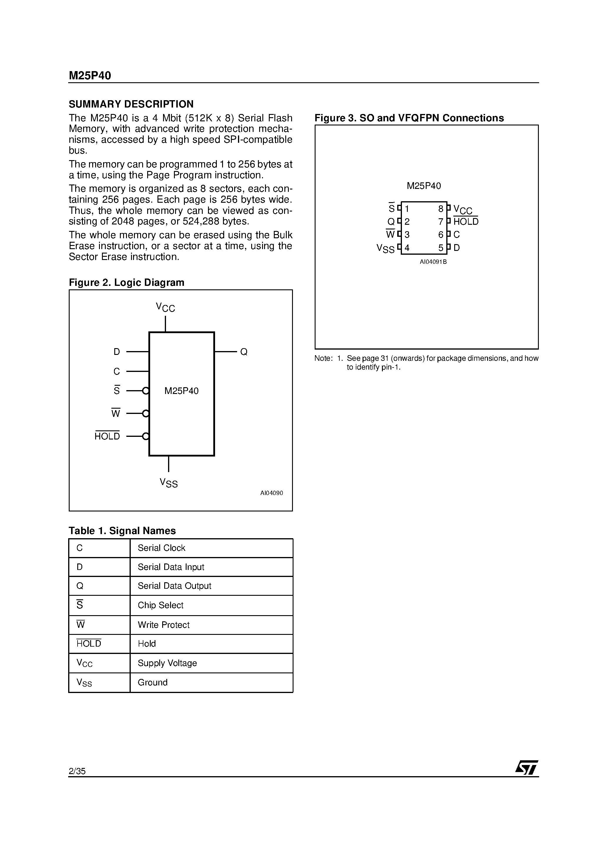 Datasheet M25P40-VMW6T - 4 Mbit/ Low Voltage/ Serial Flash Memory With 25 MHz SPI Bus Interface page 2